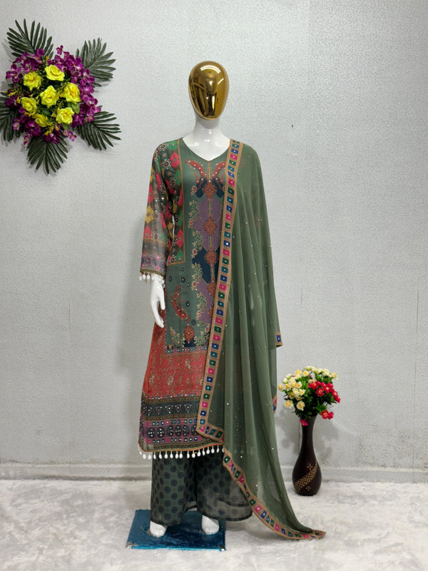 Fantastic Green Color Multi Design Print Work Sharara Suit