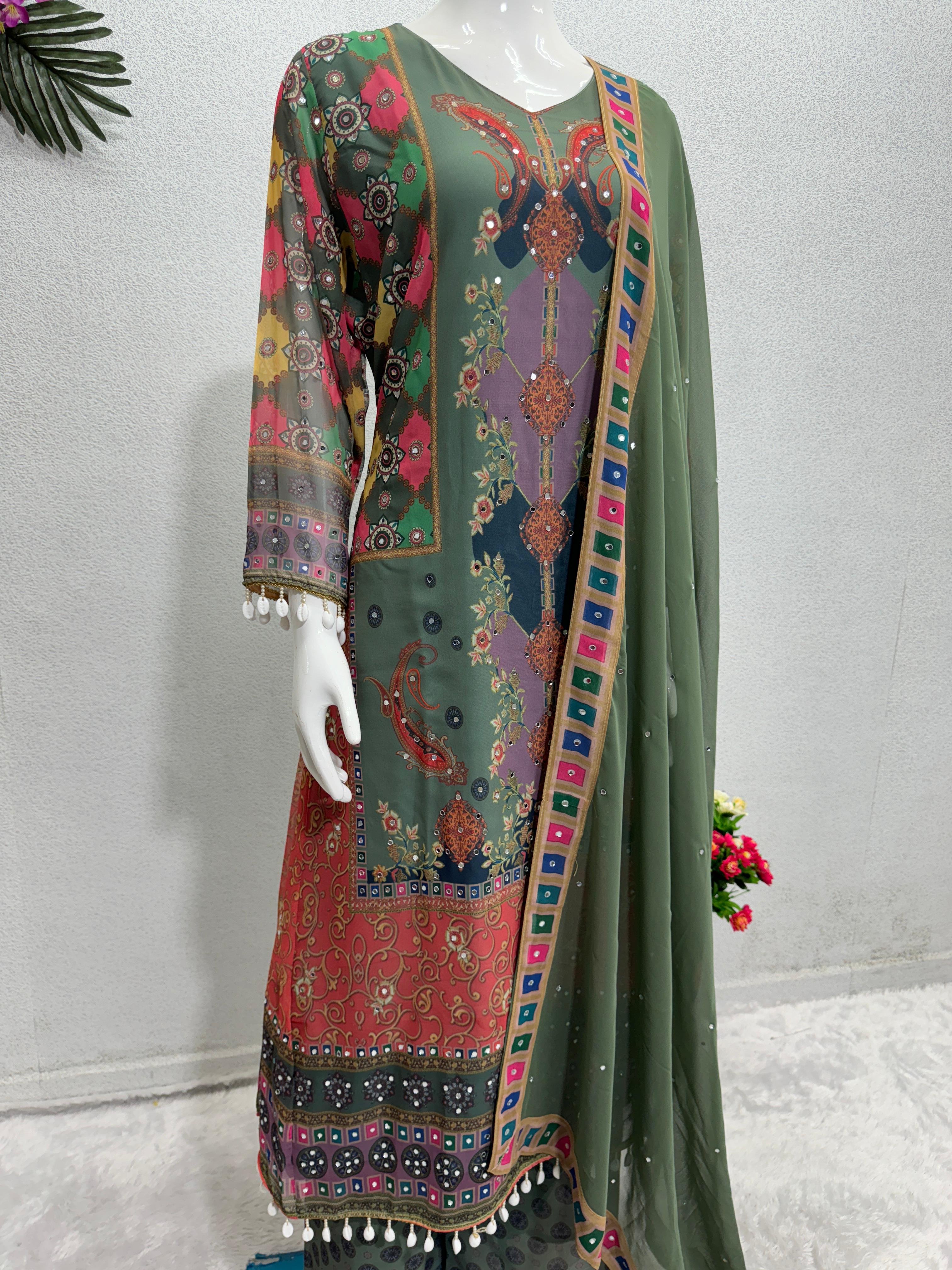 Fantastic Green Color Multi Design Print Work Sharara Suit