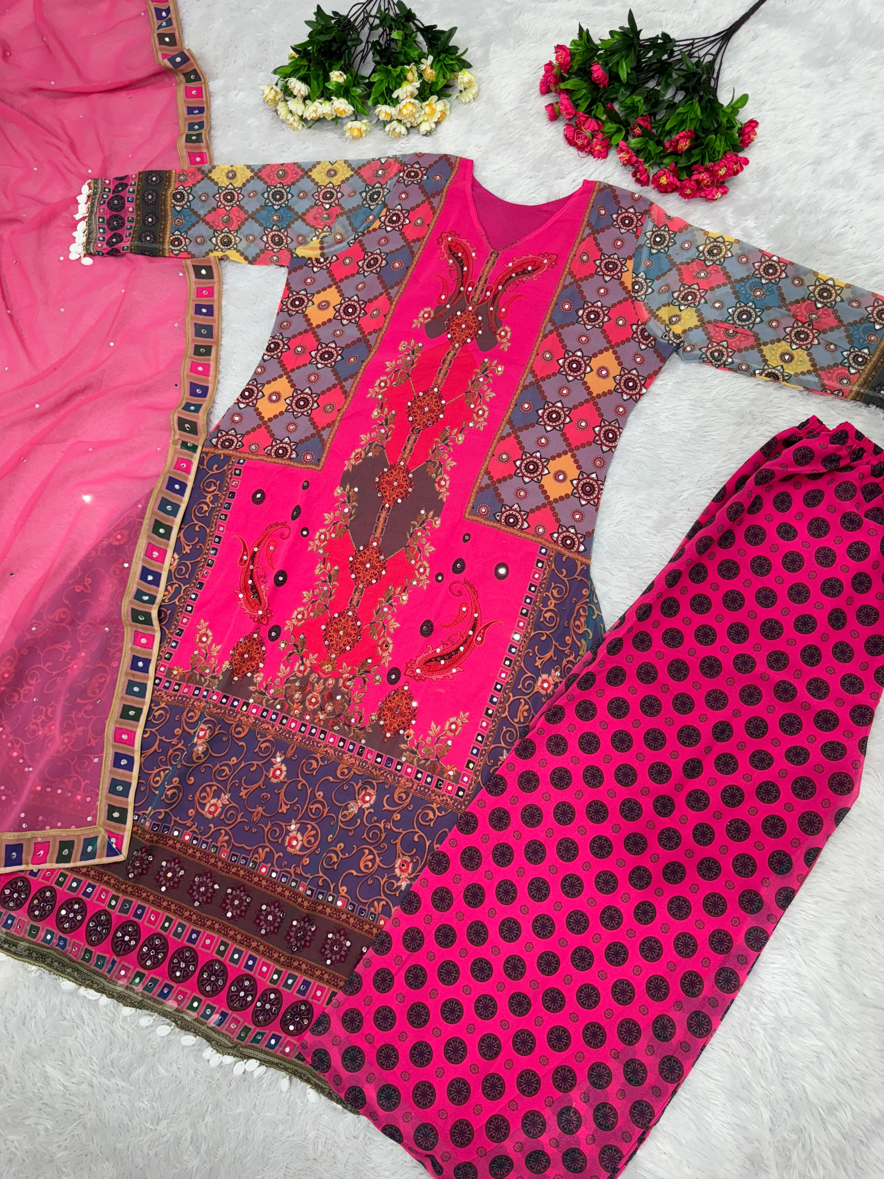 Fantastic Pink Color Multi Design Print Work Sharara Suit