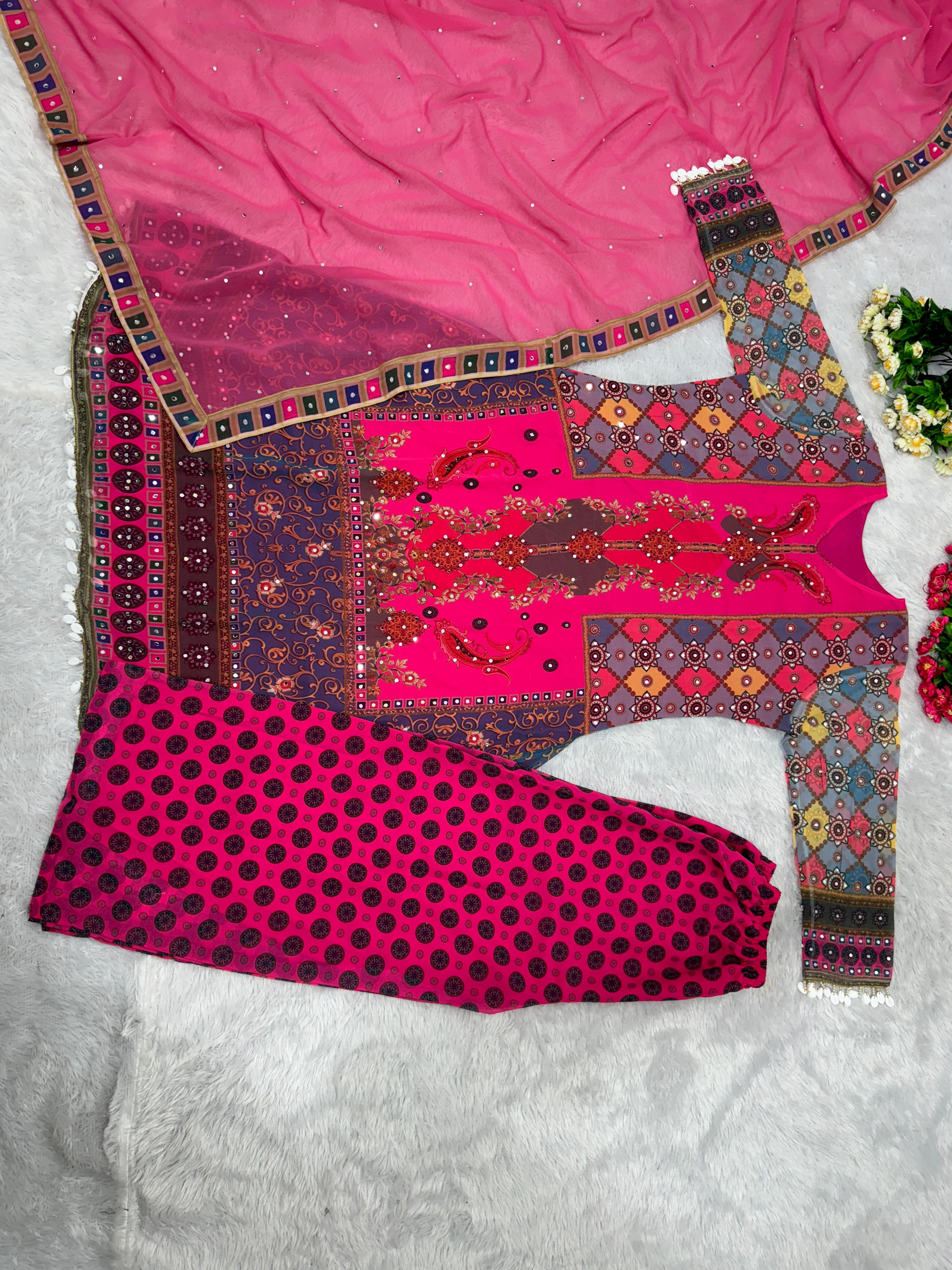 Fantastic Pink Color Multi Design Print Work Sharara Suit