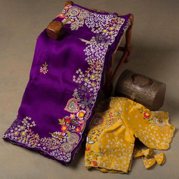Pretty Thread Work Purple Color Saree With Yellow Blouse