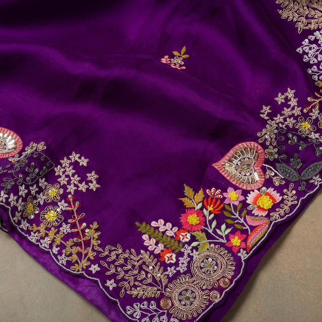 Pretty Thread Work Purple Color Saree With Yellow Blouse