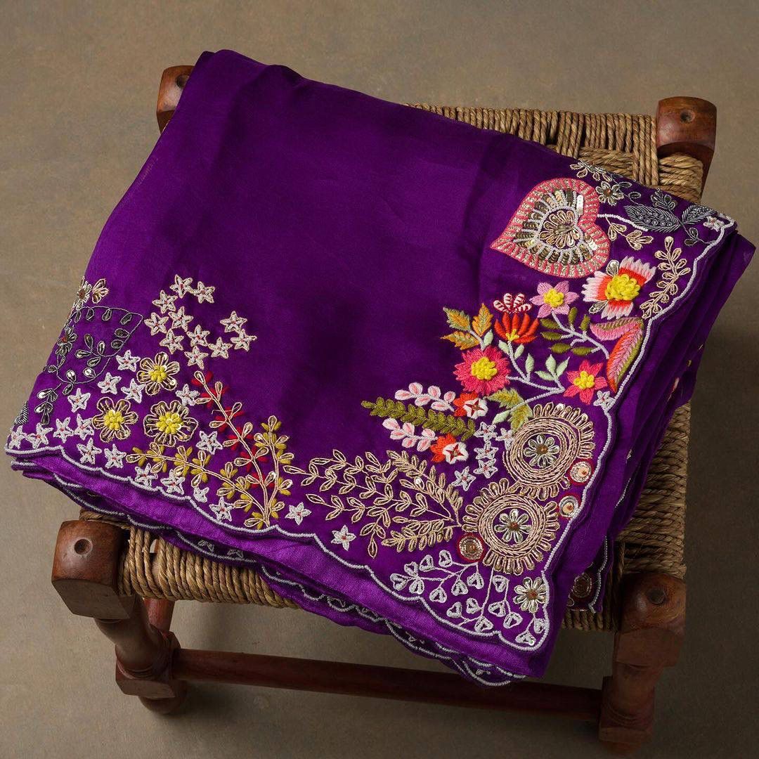 Pretty Thread Work Purple Color Saree With Yellow Blouse
