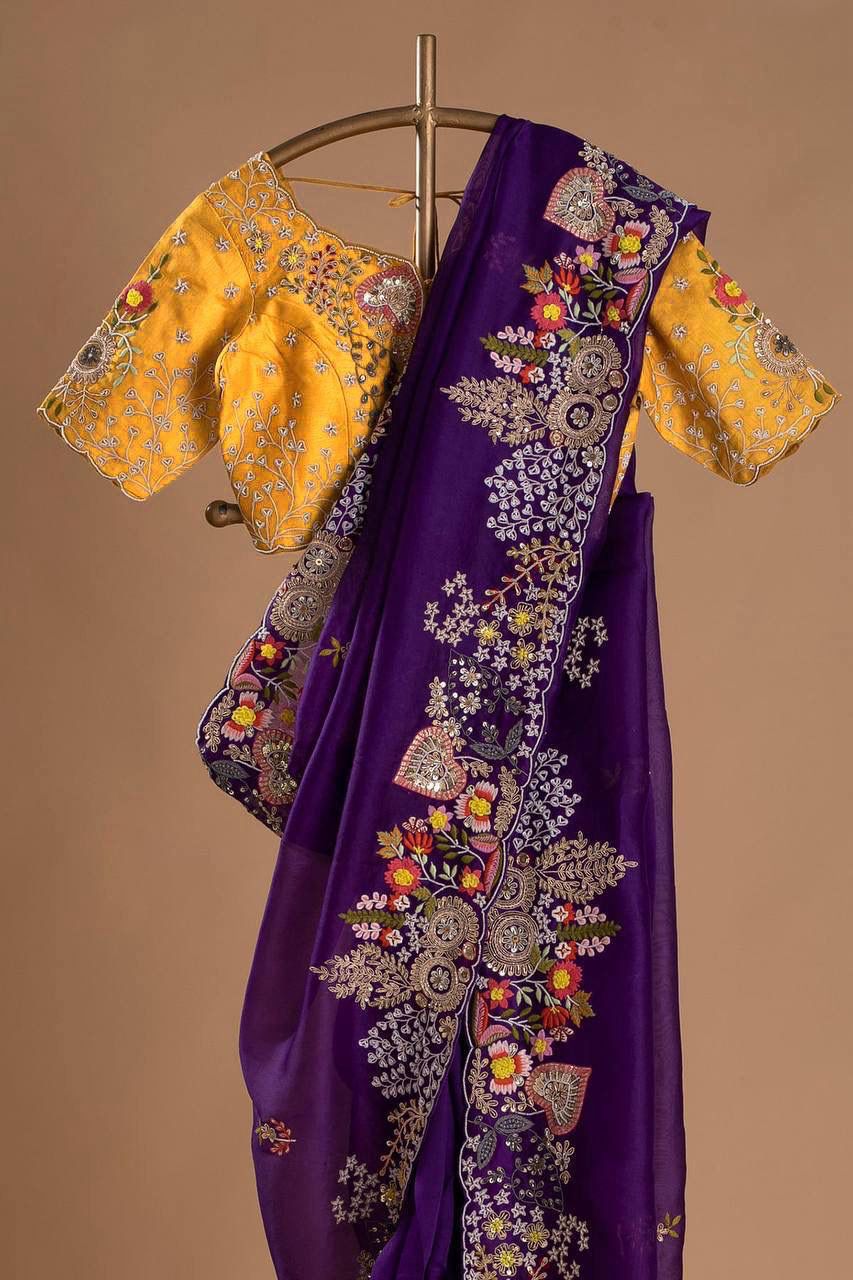 Pretty Thread Work Purple Color Saree With Yellow Blouse