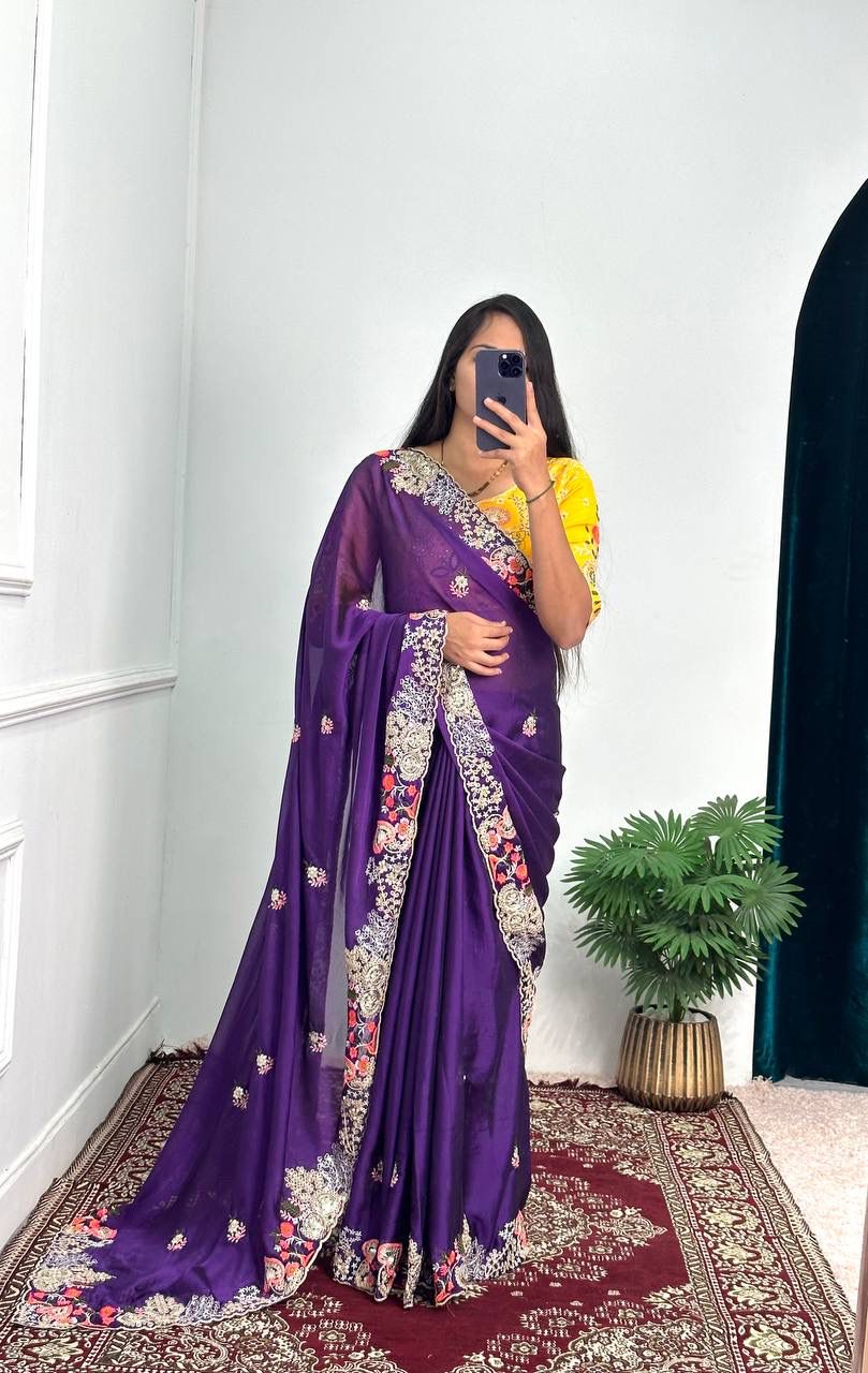 Pretty Thread Work Purple Color Saree With Yellow Blouse