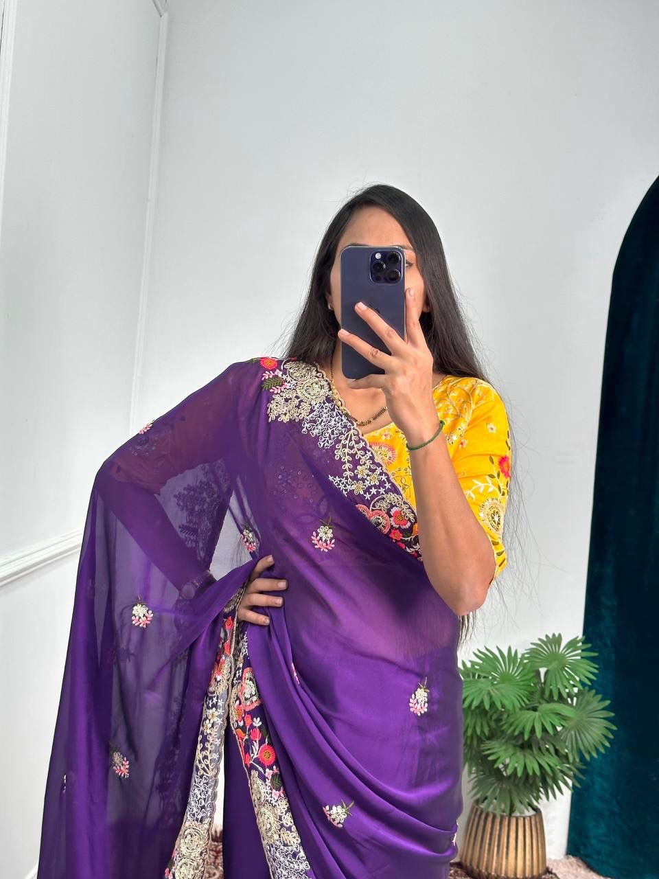 Pretty Thread Work Purple Color Saree With Yellow Blouse