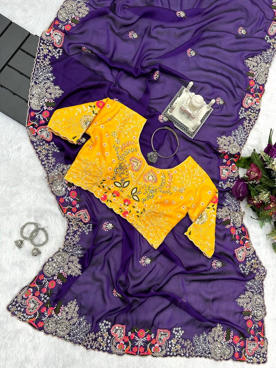 Pretty Thread Work Purple Color Saree With Yellow Blouse
