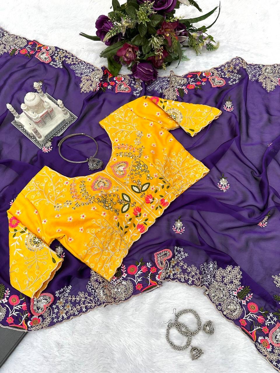Pretty Thread Work Purple Color Saree With Yellow Blouse