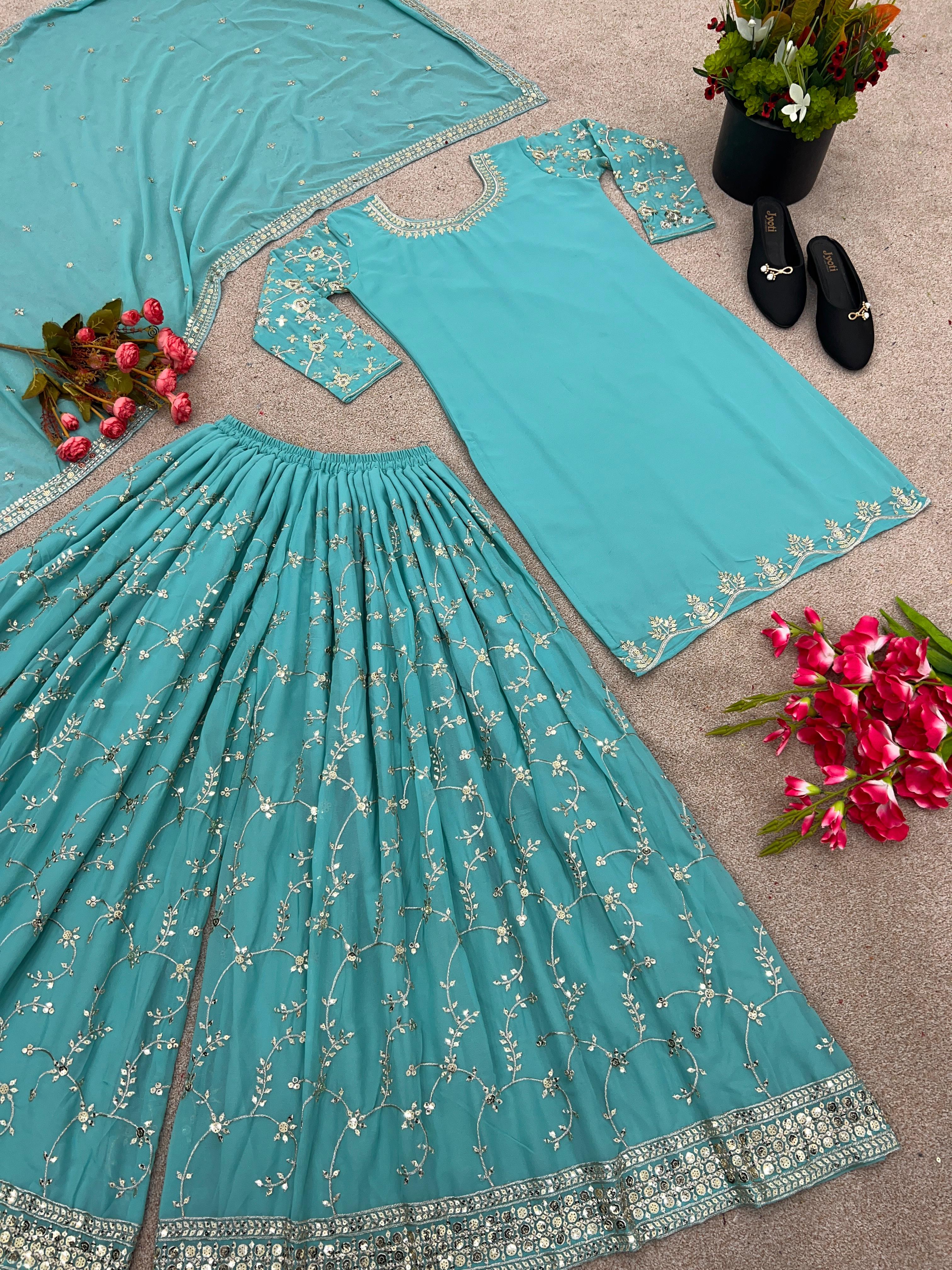 Imposing Embroidery Work Aqua Green Sharara Suit