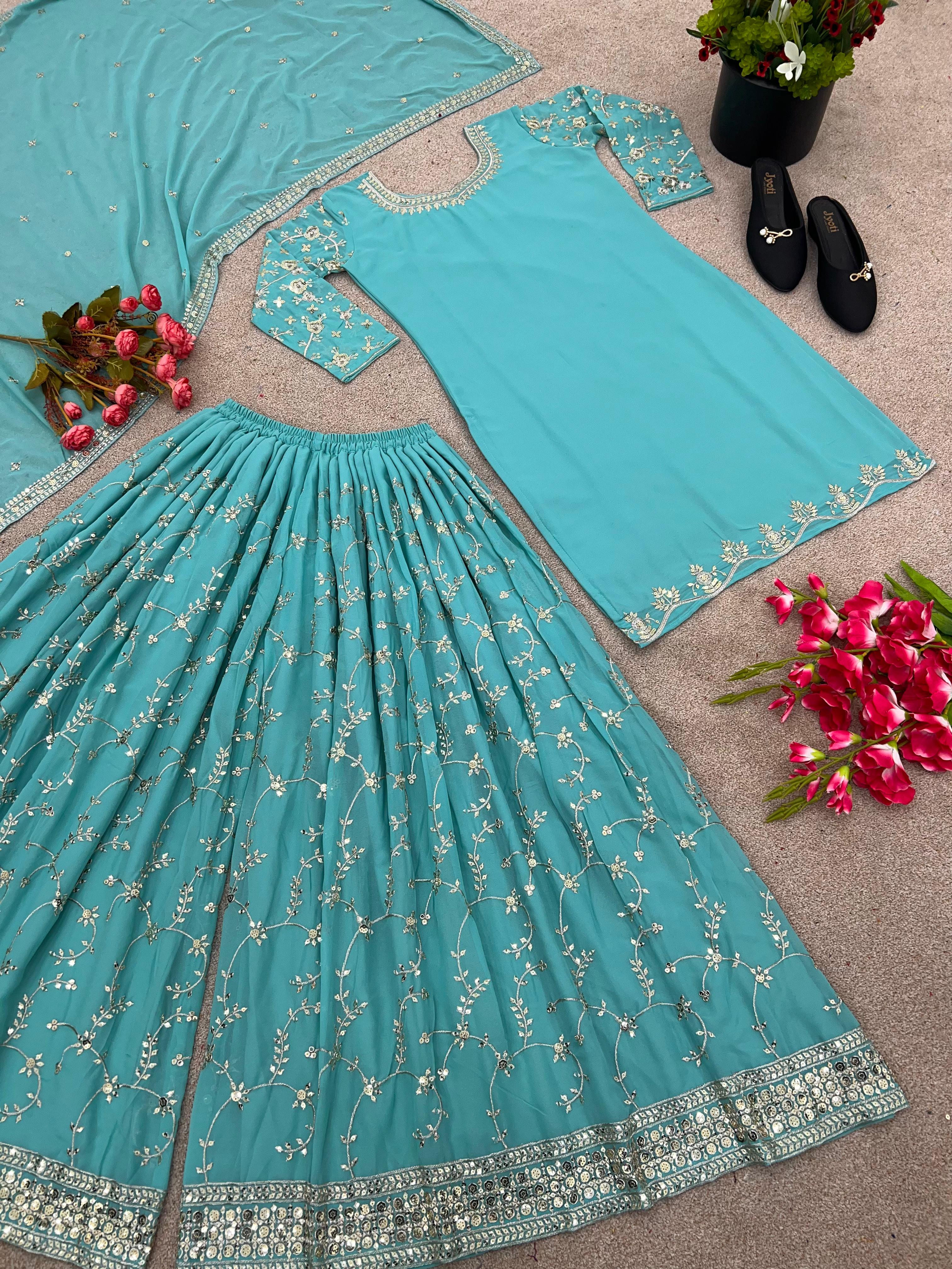 Imposing Embroidery Work Aqua Green Sharara Suit