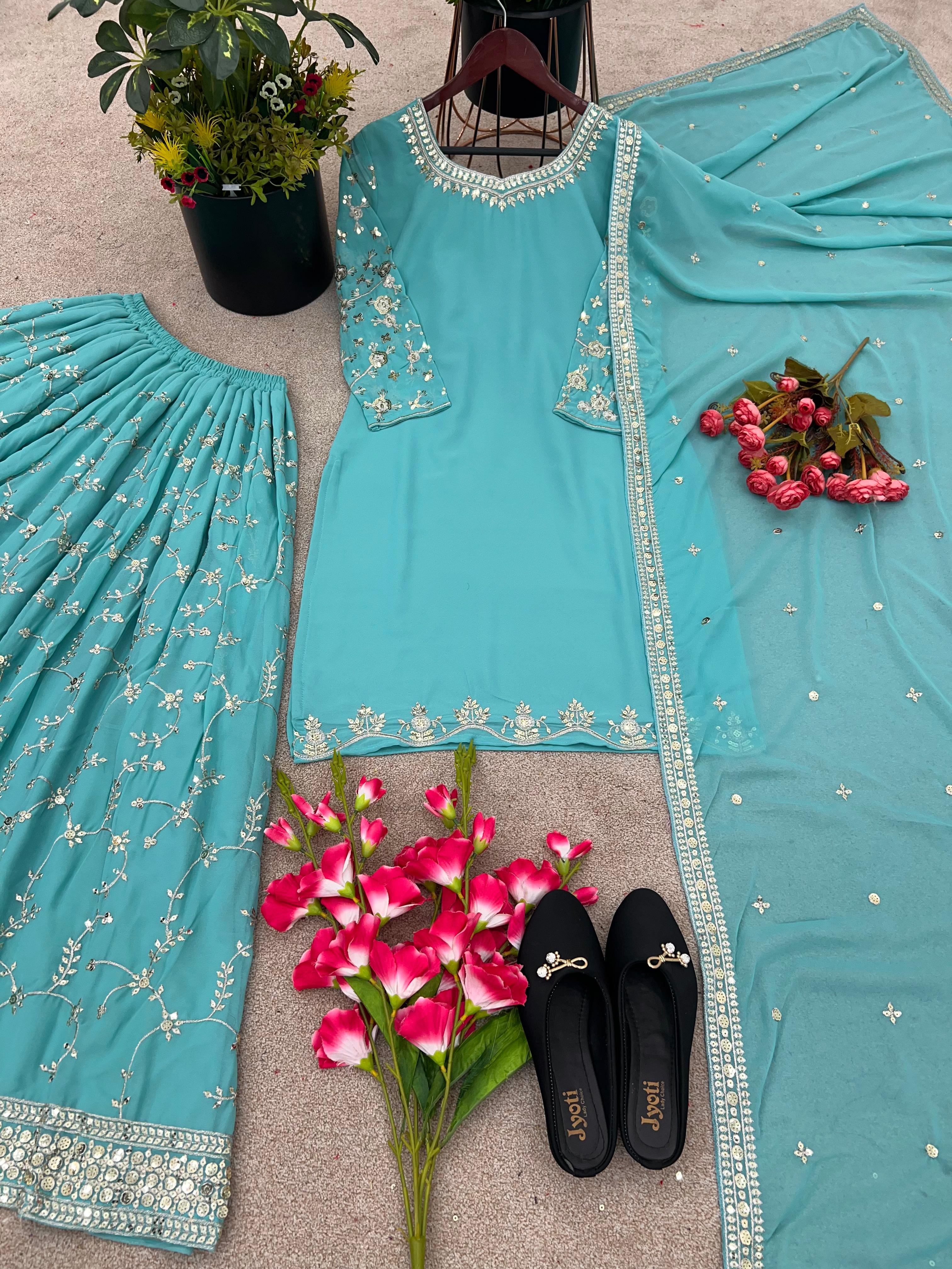 Imposing Embroidery Work Aqua Green Sharara Suit