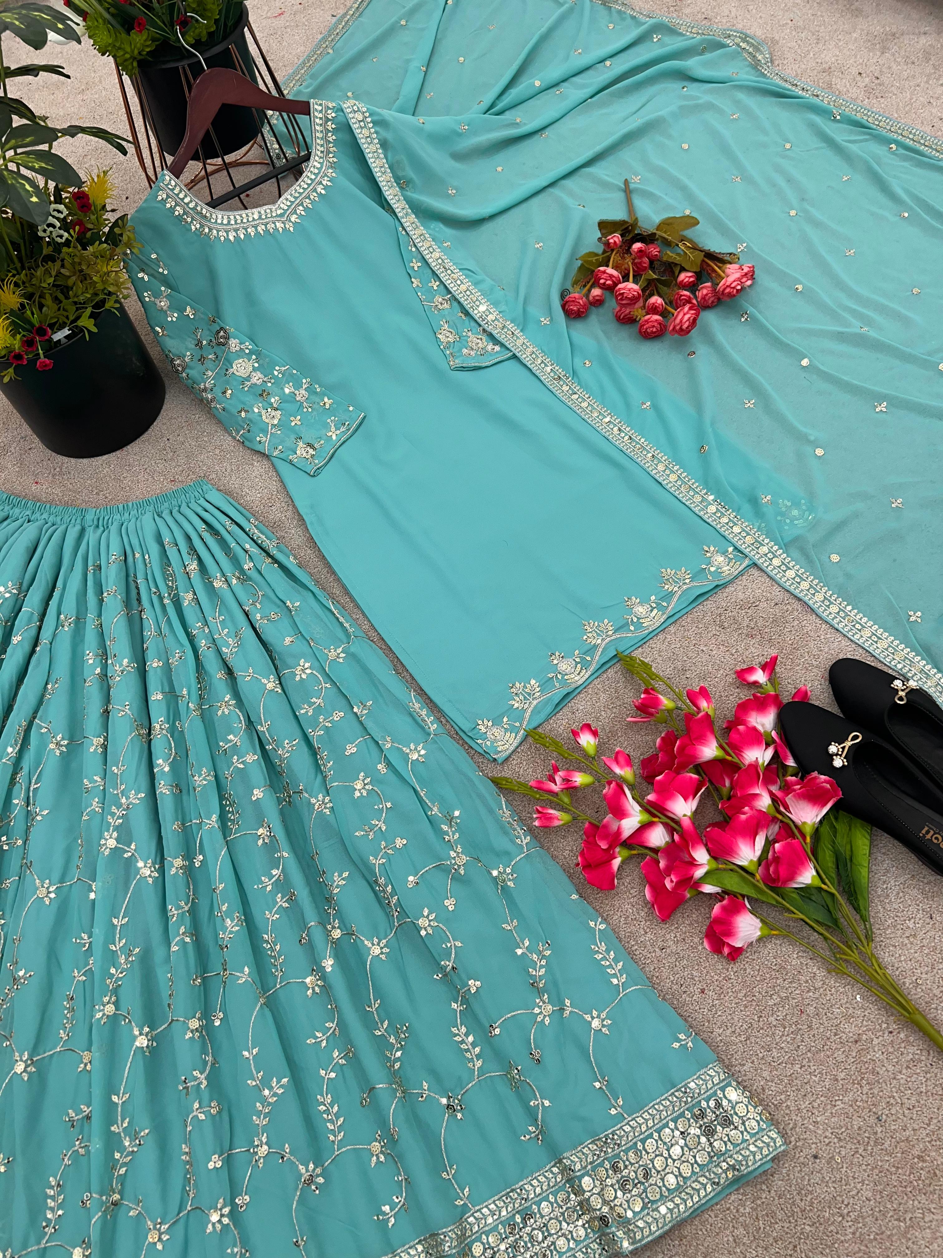 Imposing Embroidery Work Aqua Green Sharara Suit