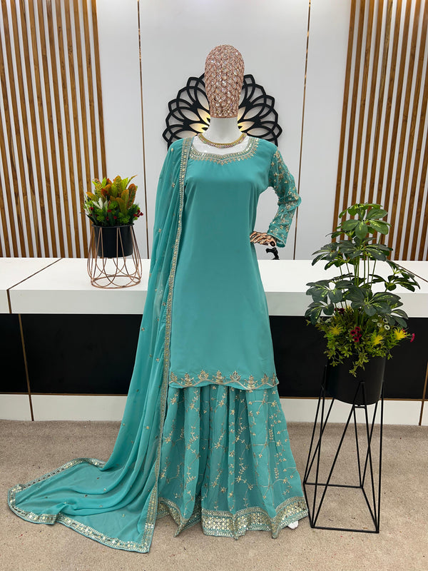 Imposing Embroidery Work Aqua Green Sharara Suit