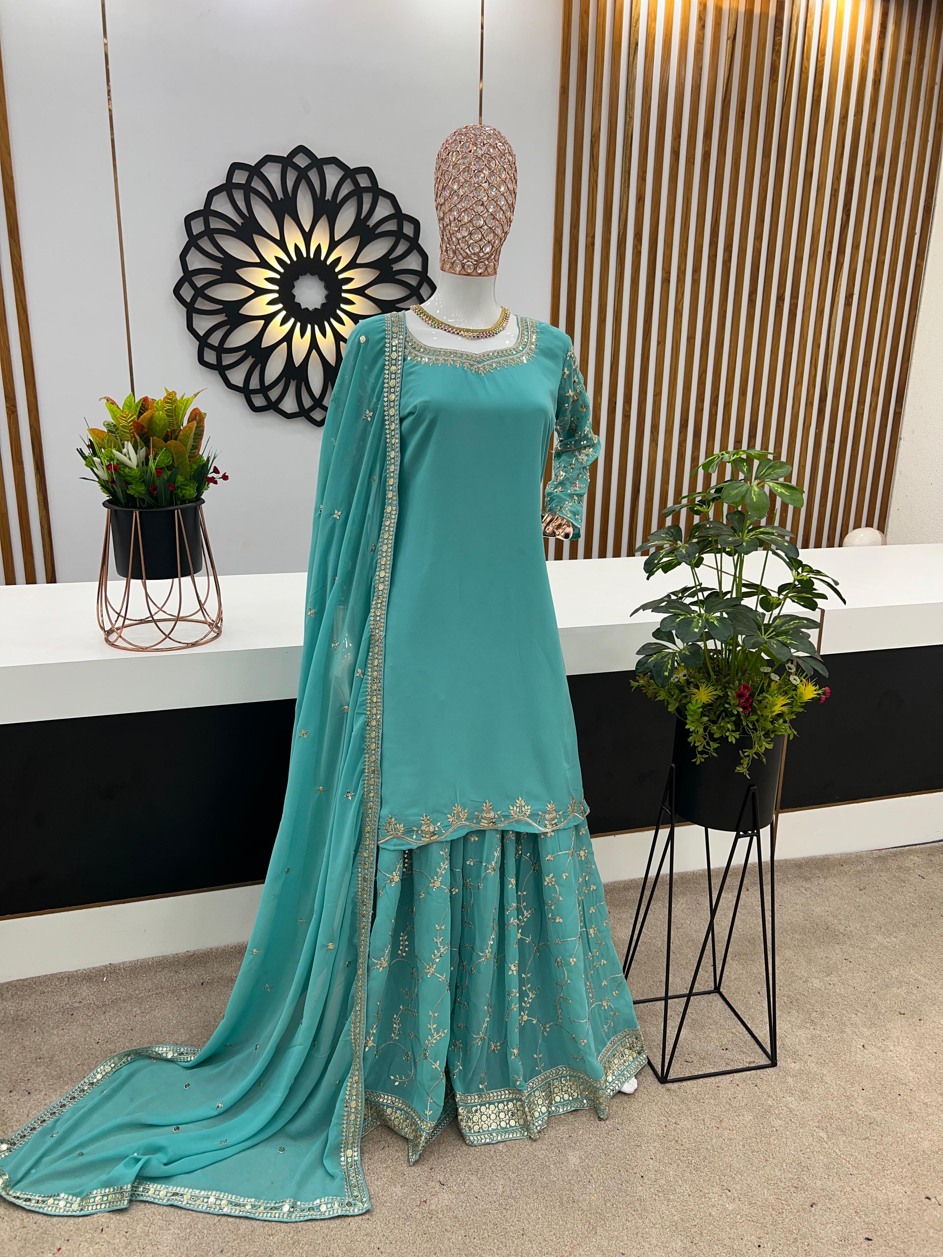 Imposing Embroidery Work Aqua Green Sharara Suit