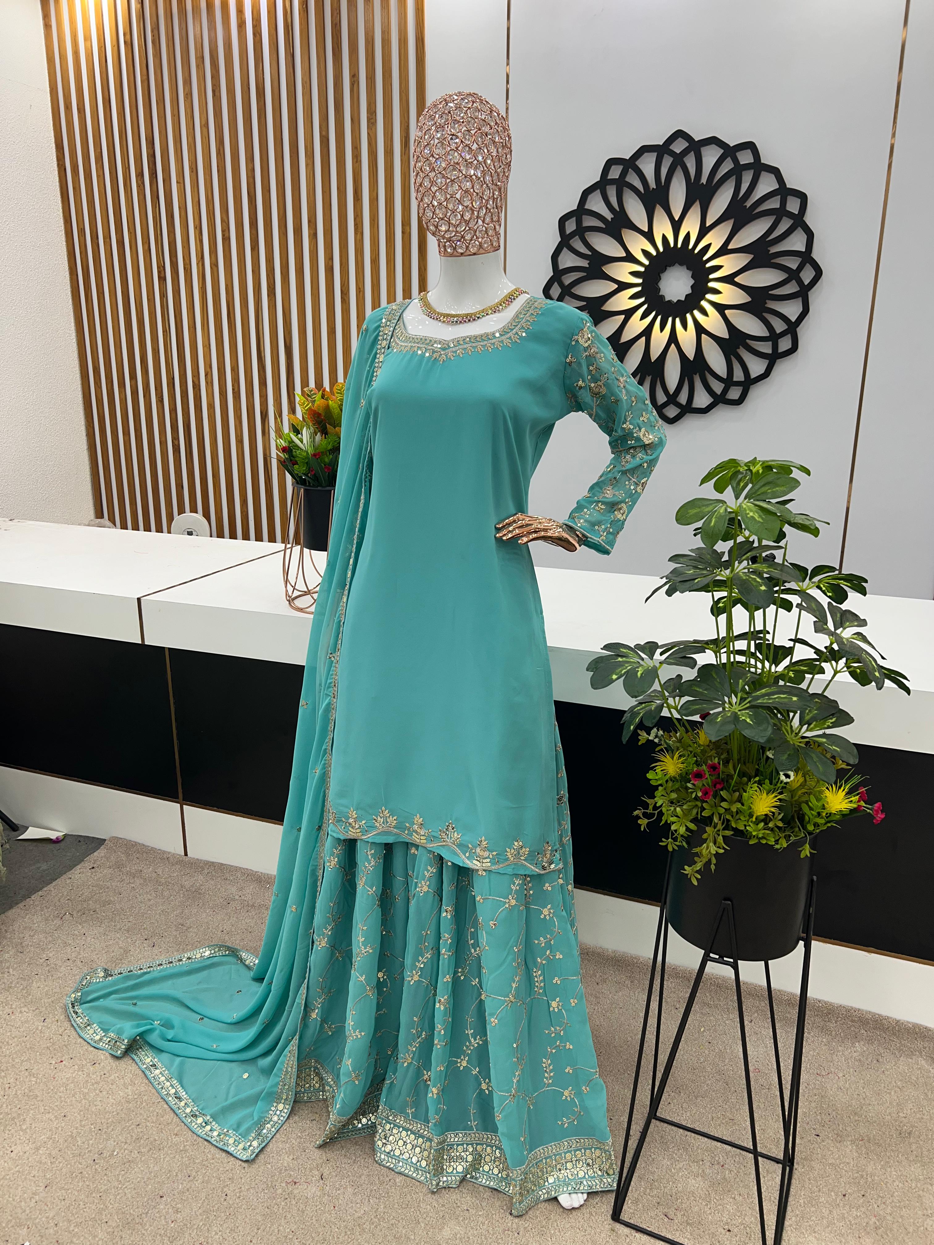 Imposing Embroidery Work Aqua Green Sharara Suit