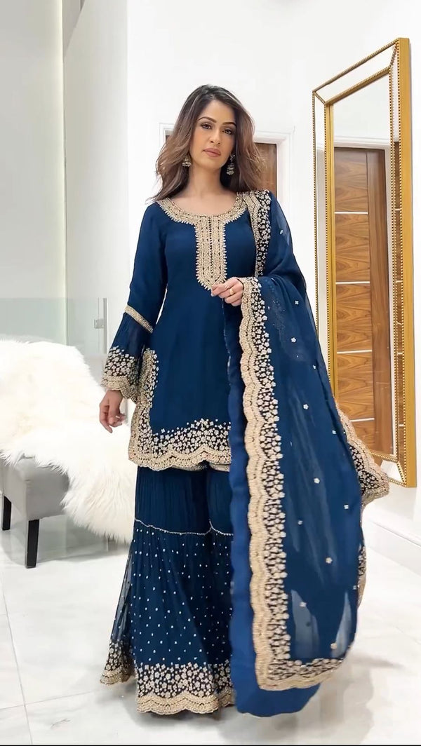 Alluring Blue Color Embroidery Cut Work Sharara Suit