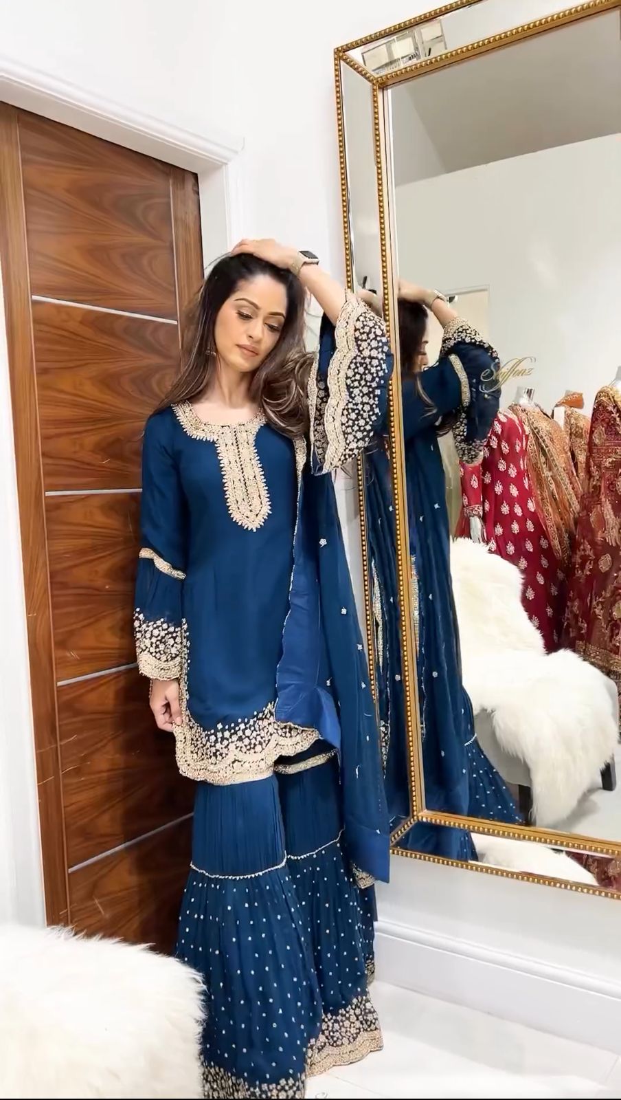 Alluring Blue Color Embroidery Cut Work Sharara Suit