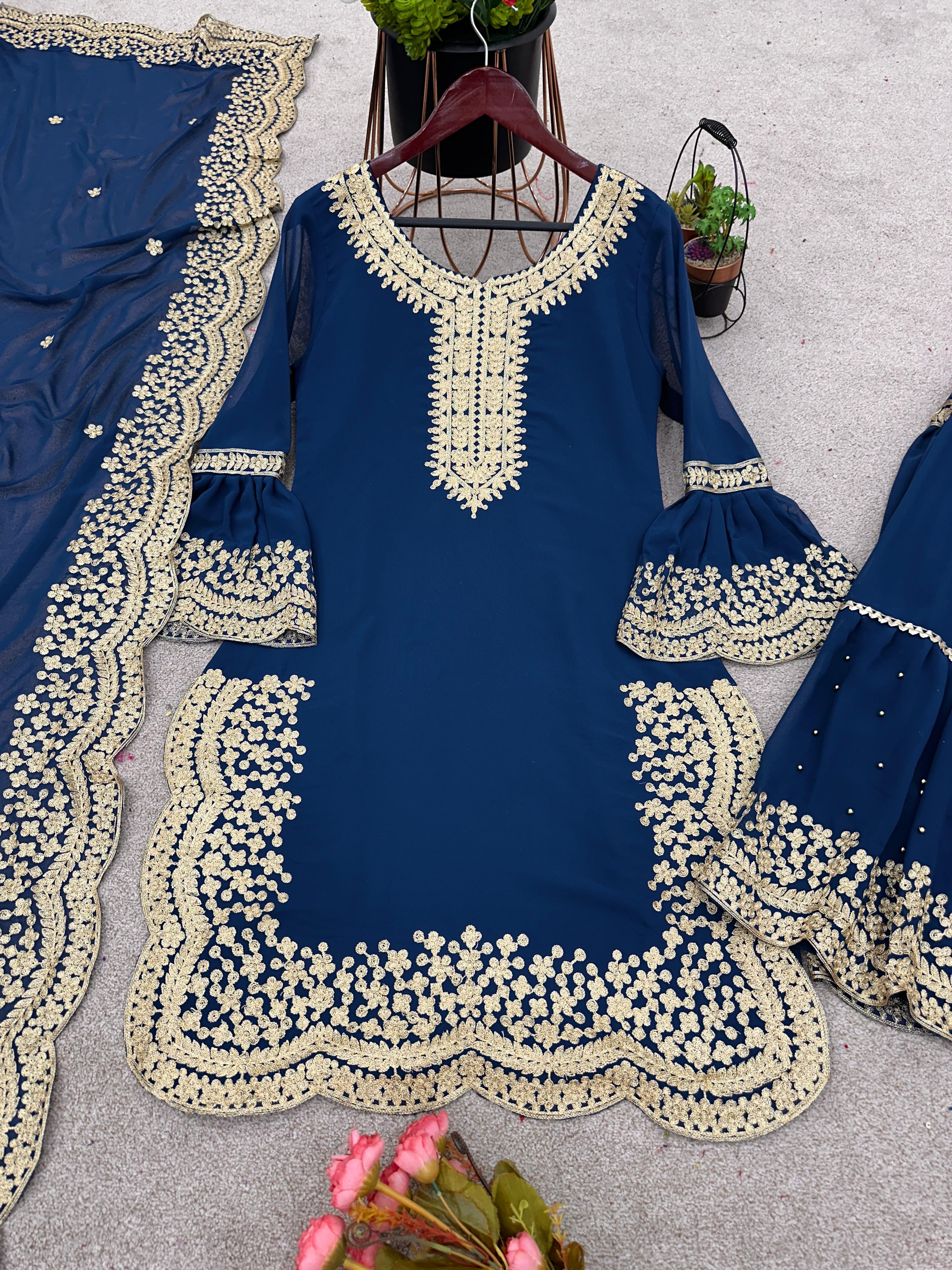 Alluring Blue Color Embroidery Cut Work Sharara Suit