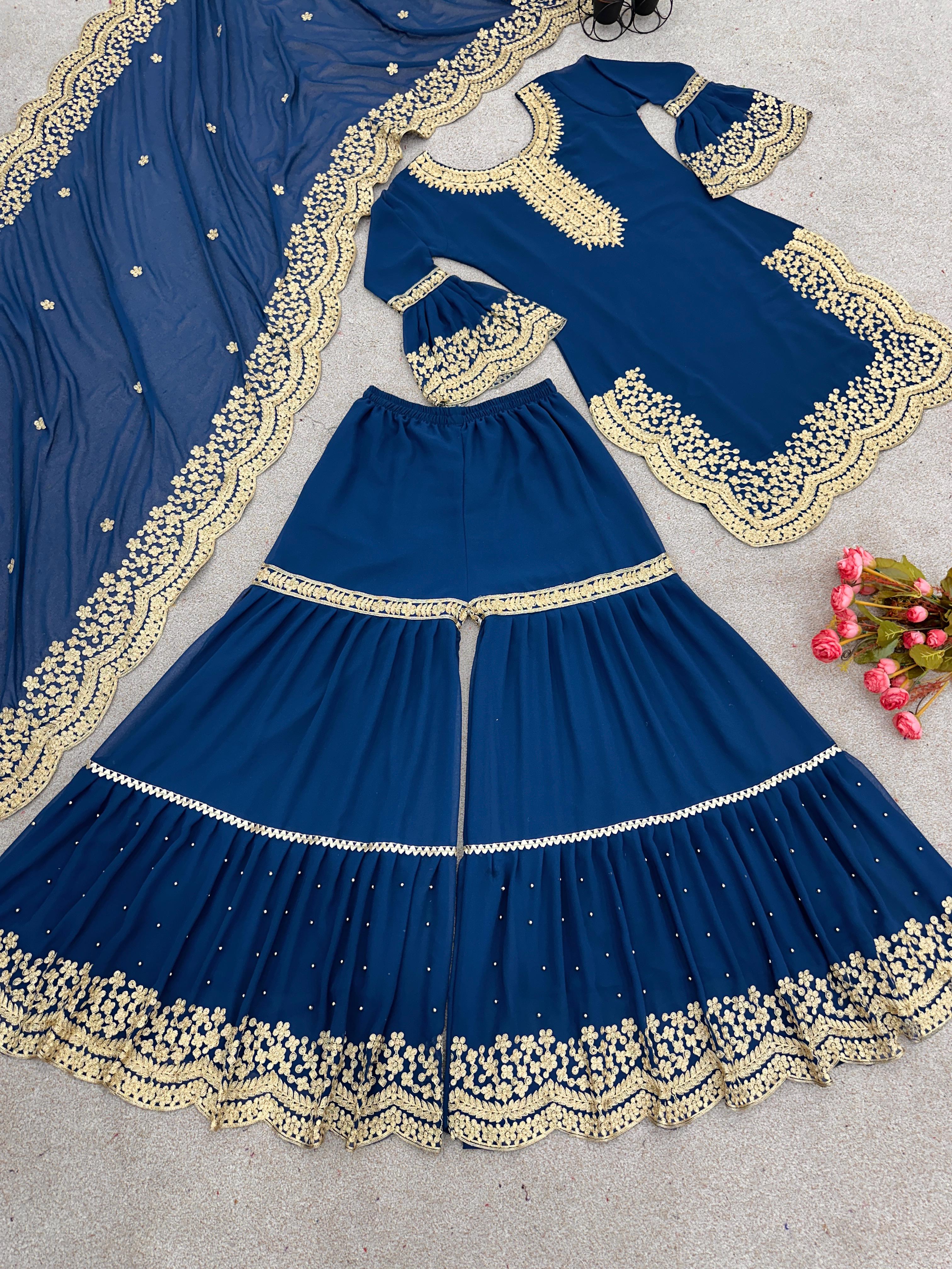 Alluring Blue Color Embroidery Cut Work Sharara Suit