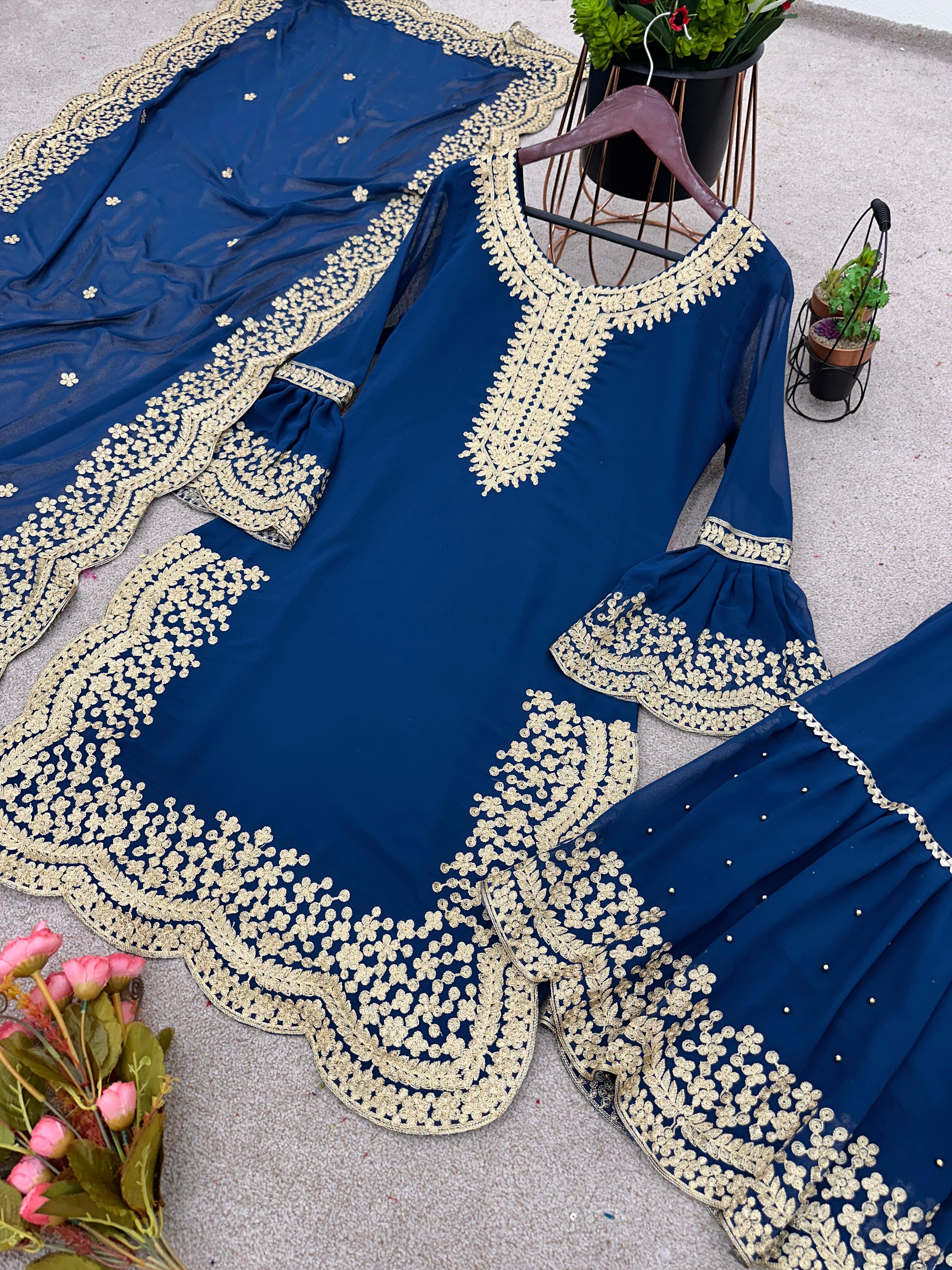 Alluring Blue Color Embroidery Cut Work Sharara Suit