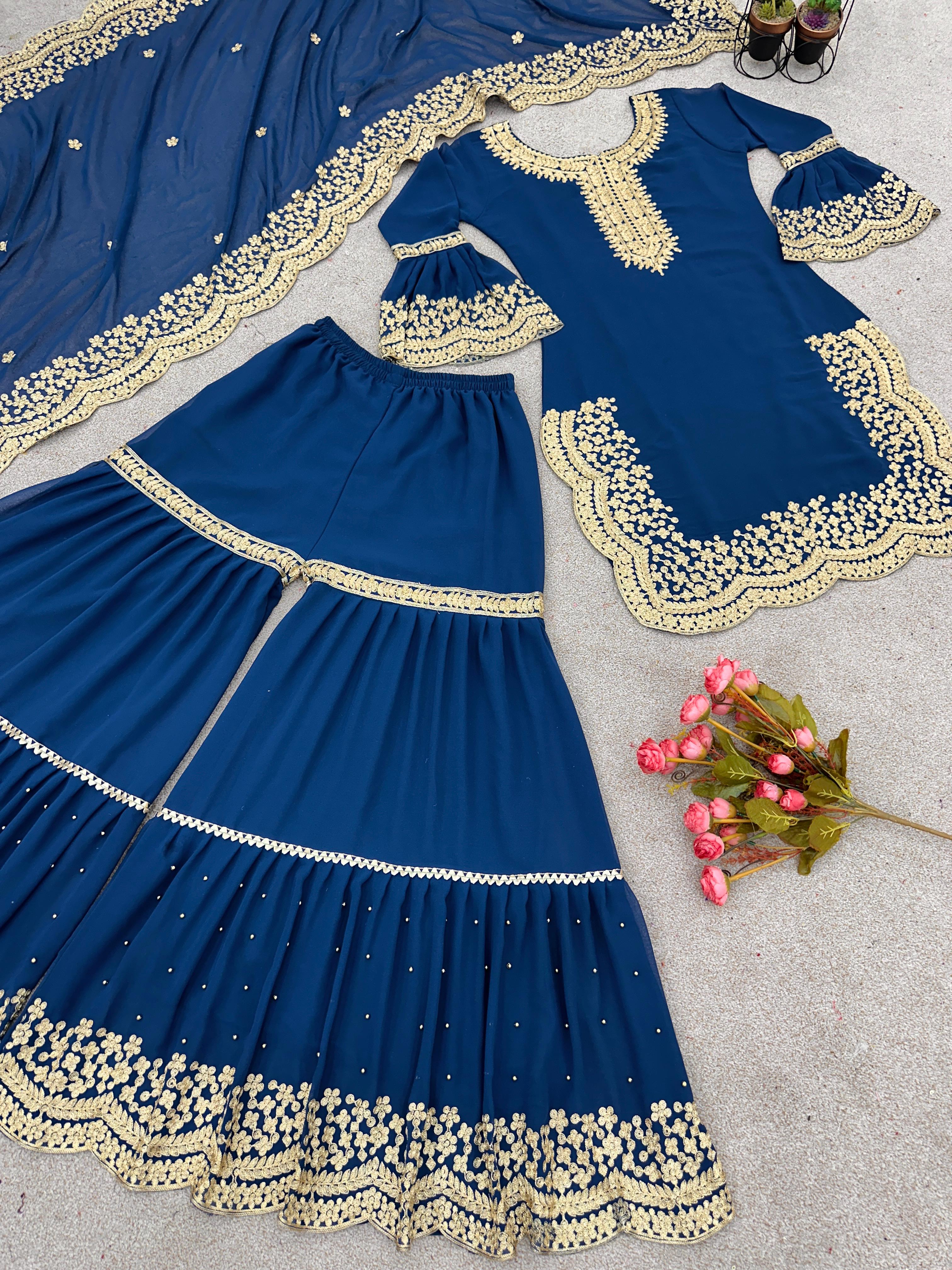 Alluring Blue Color Embroidery Cut Work Sharara Suit