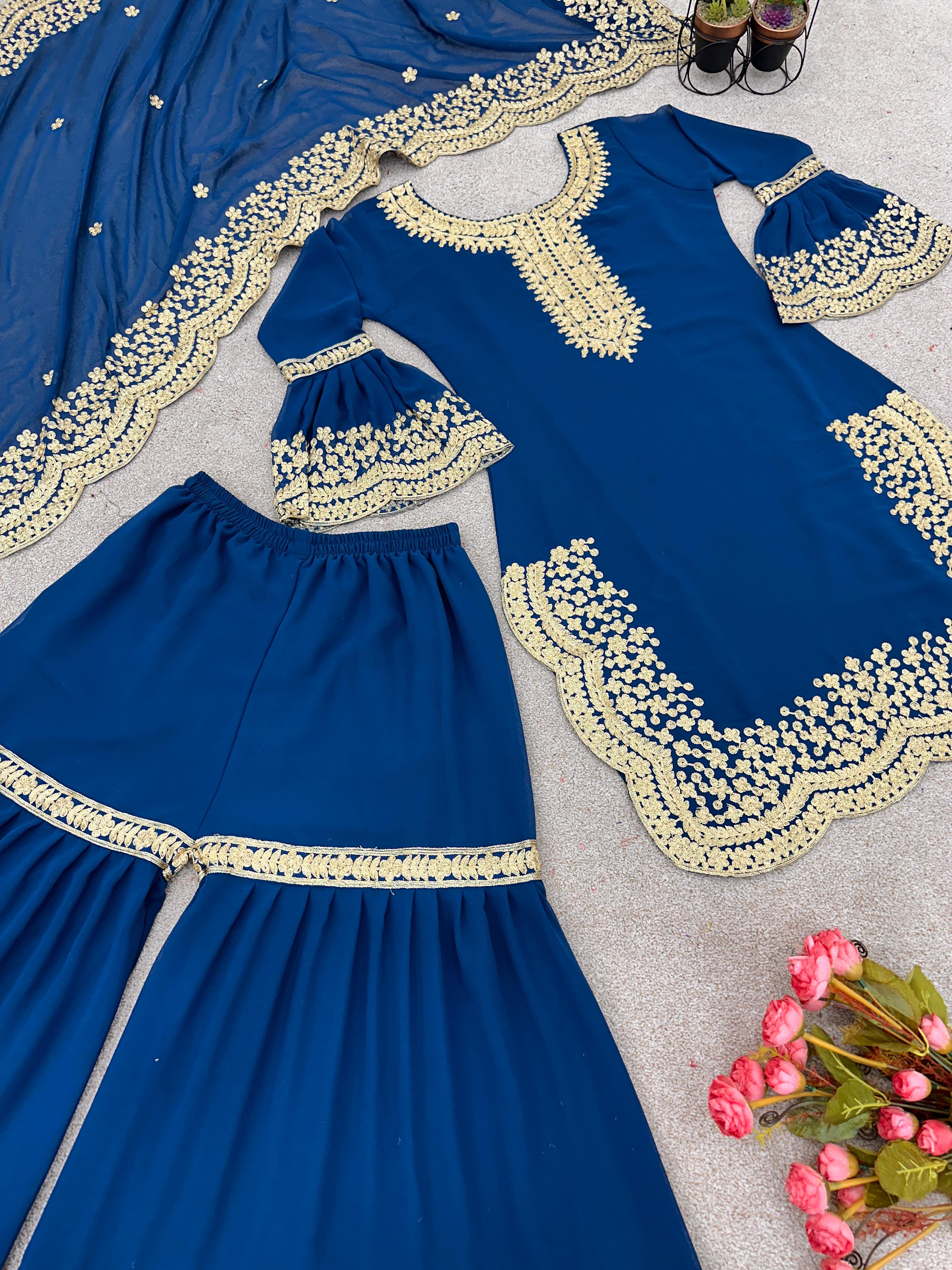 Alluring Blue Color Embroidery Cut Work Sharara Suit