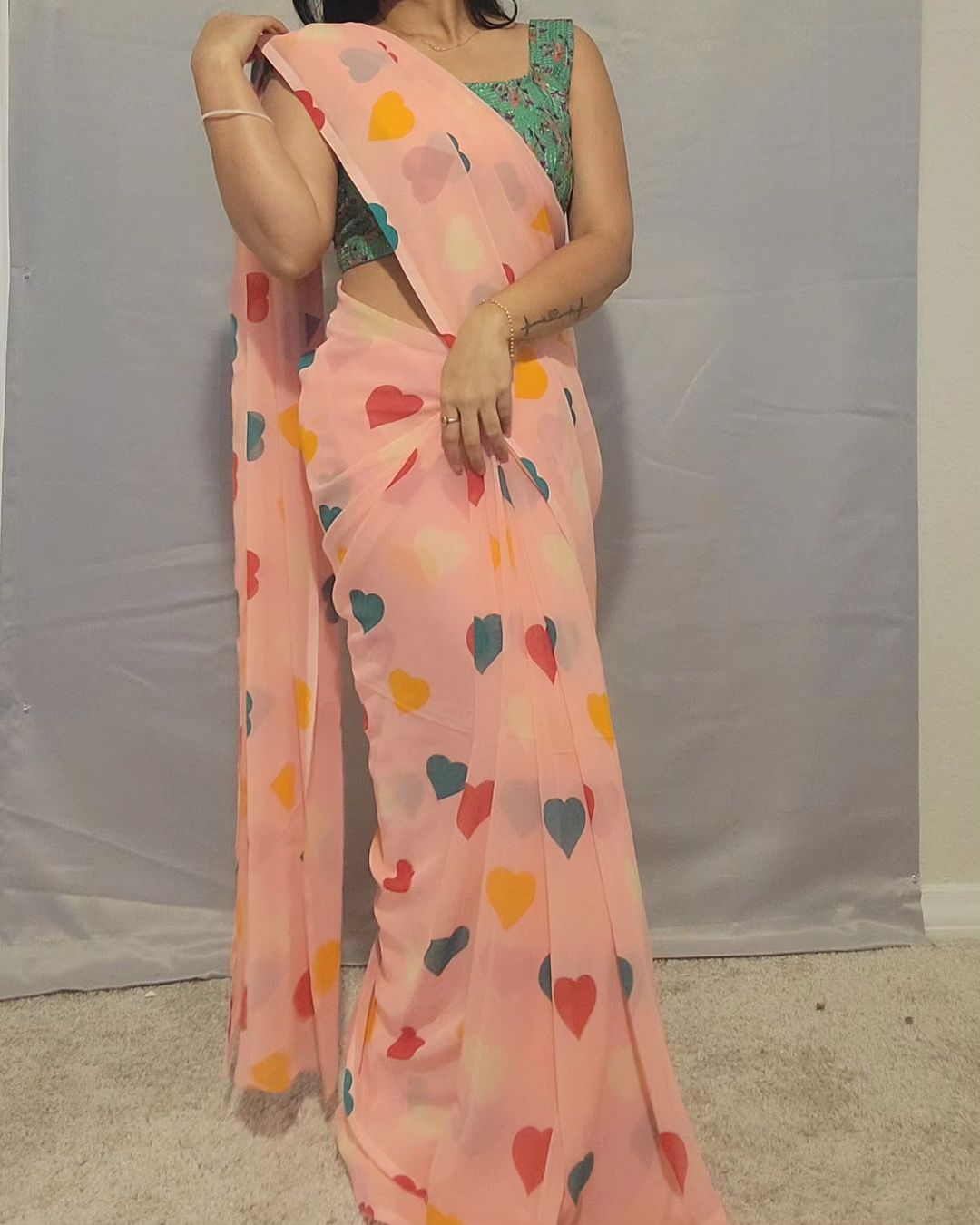 Ready To Wear Peach Color Multi Heart Print Saree