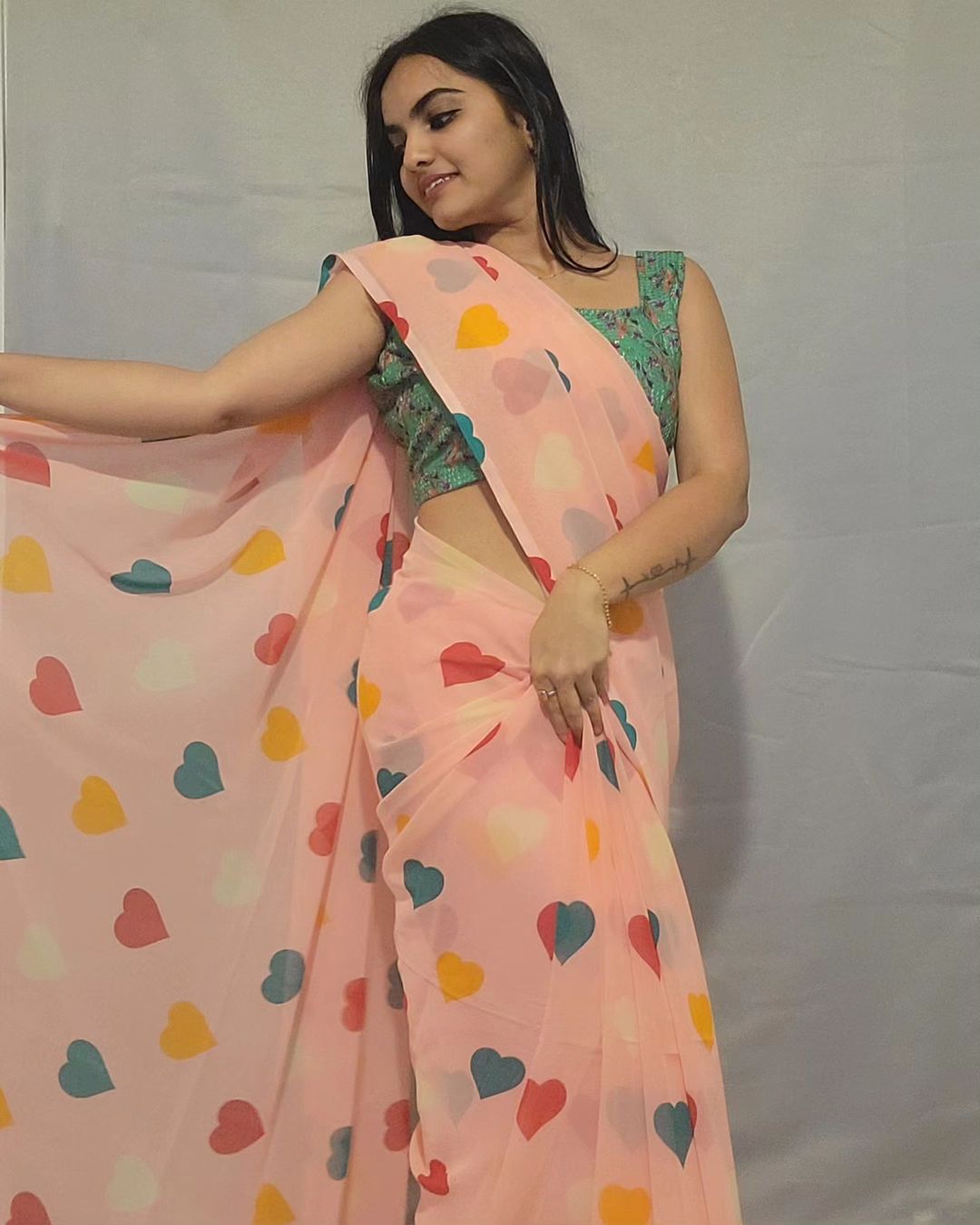 Ready To Wear Peach Color Multi Heart Print Saree