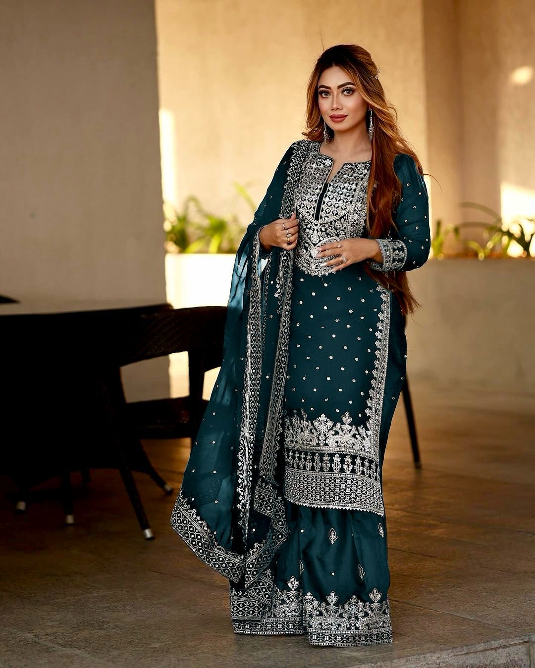 Stylish Teal Blue Color Sharara Suit With Shining Work