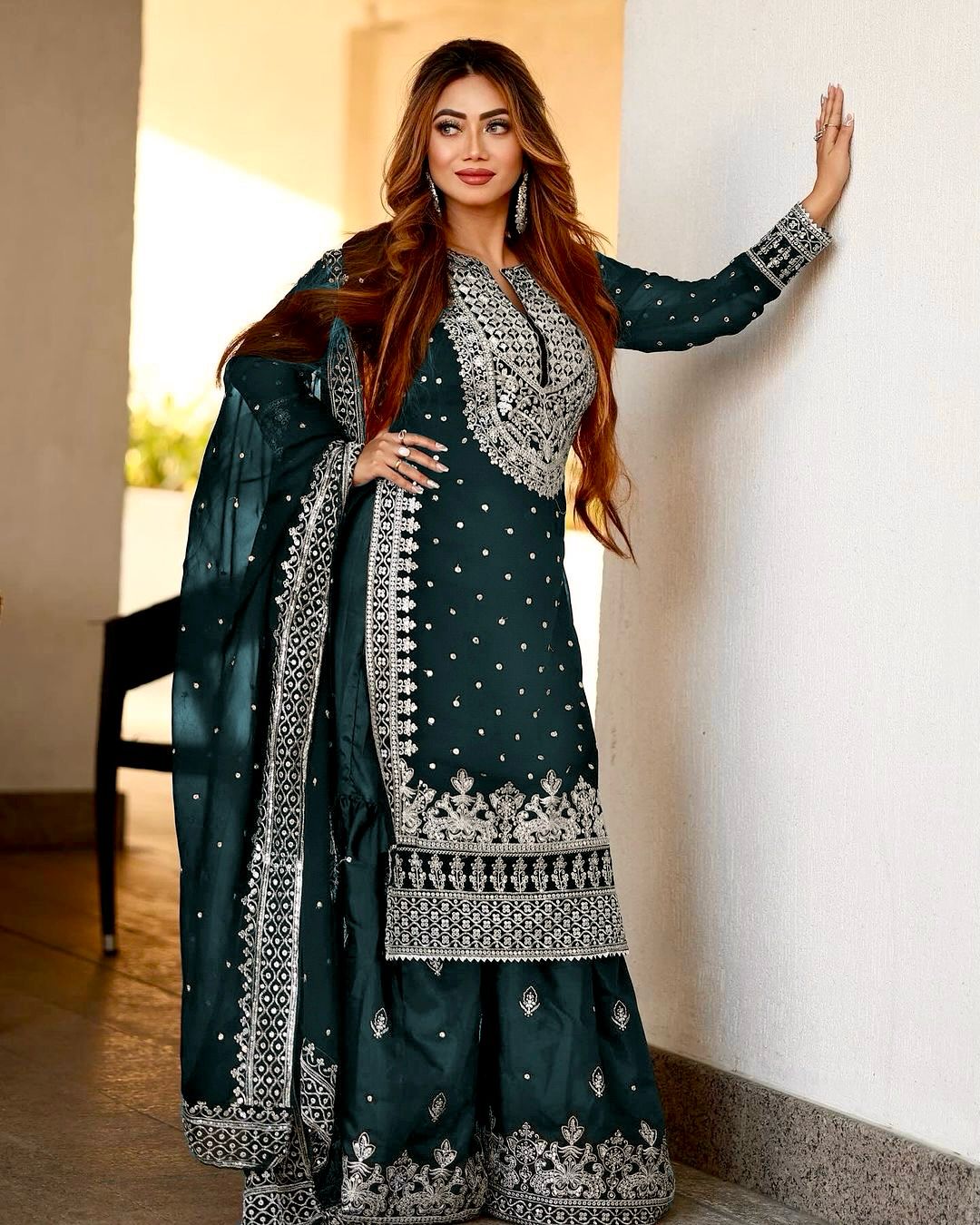 Stylish Teal Blue Color Sharara Suit With Shining Work