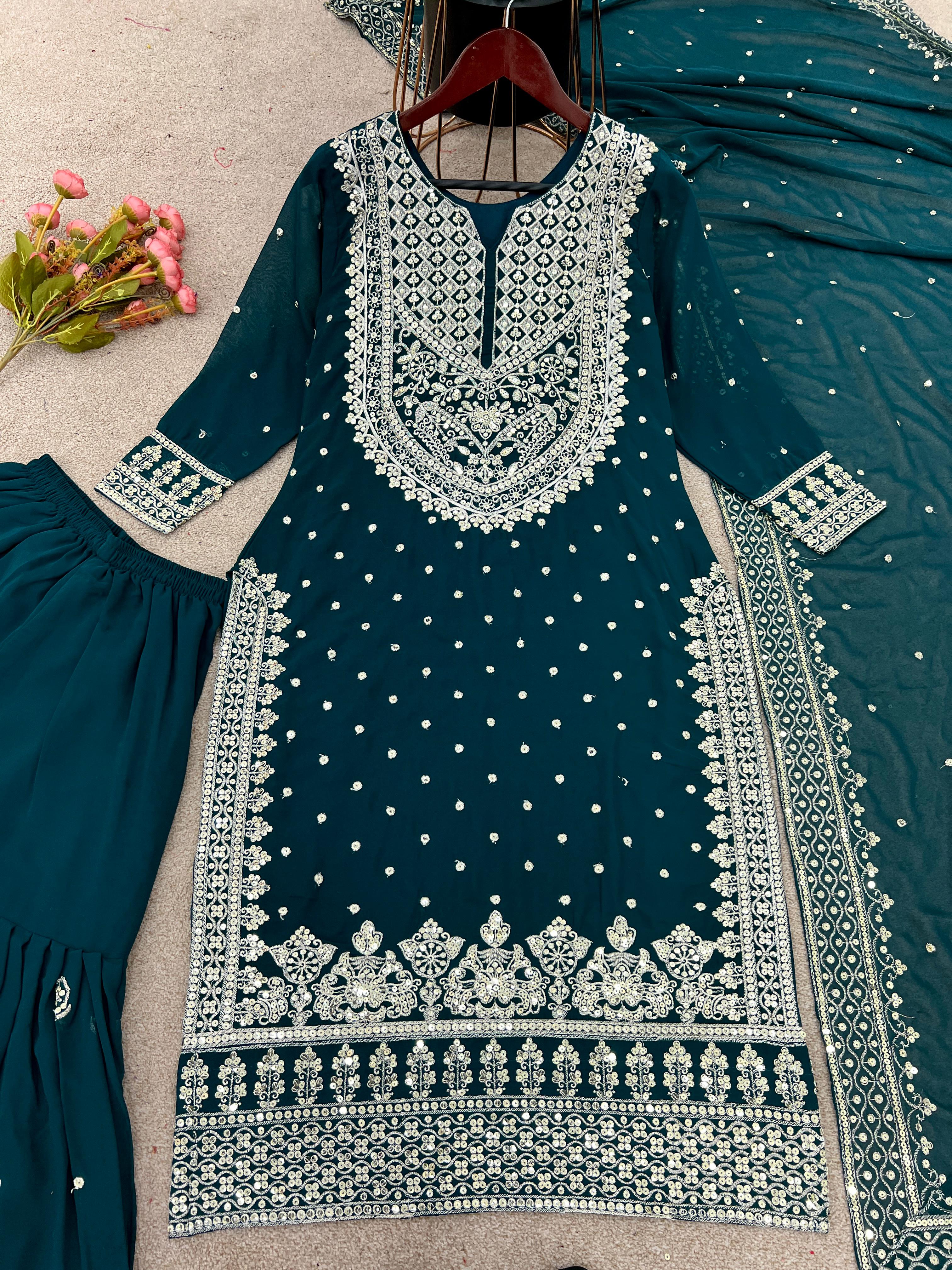 Stylish Teal Blue Color Sharara Suit With Shining Work