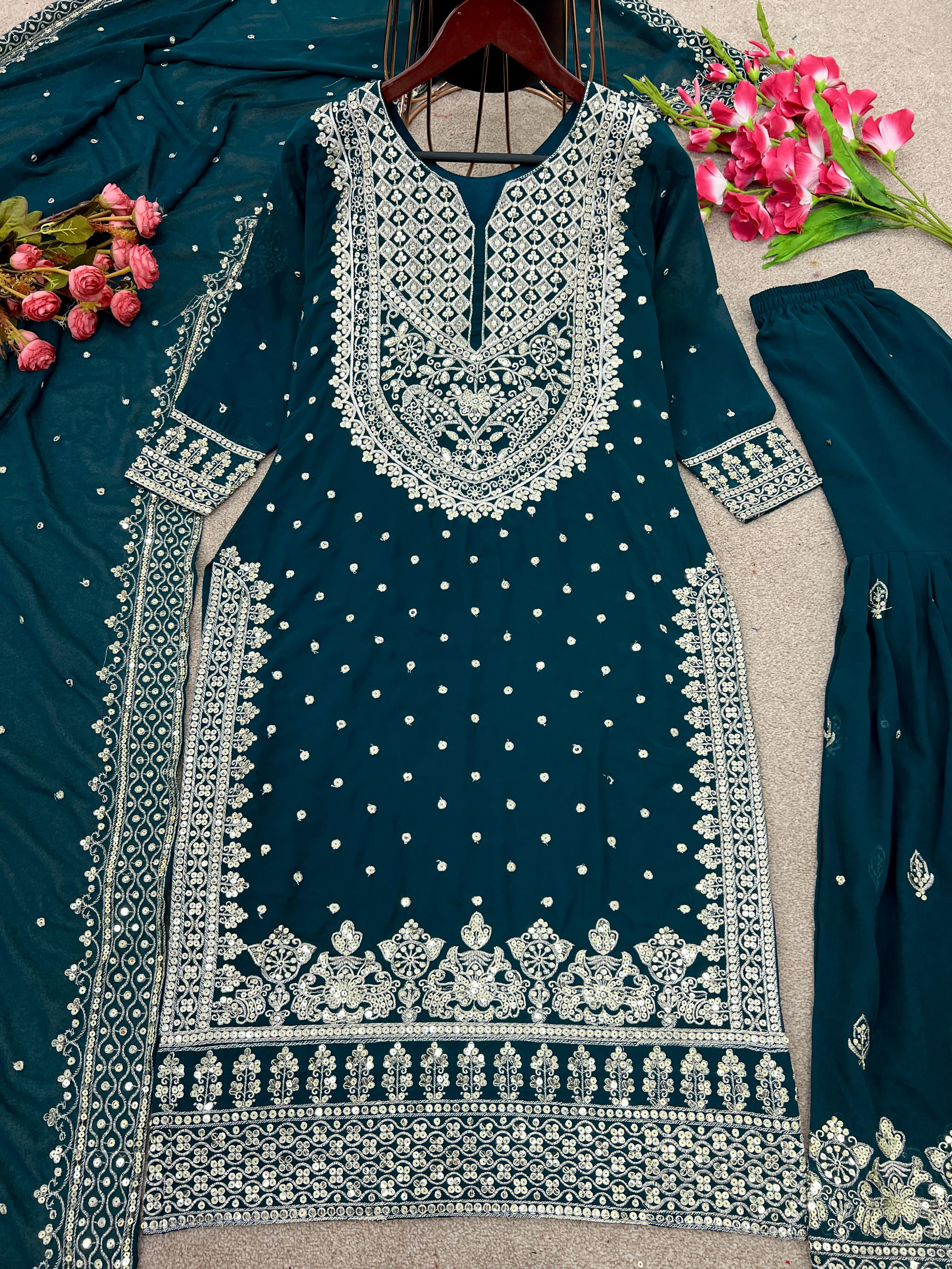 Stylish Teal Blue Color Sharara Suit With Shining Work