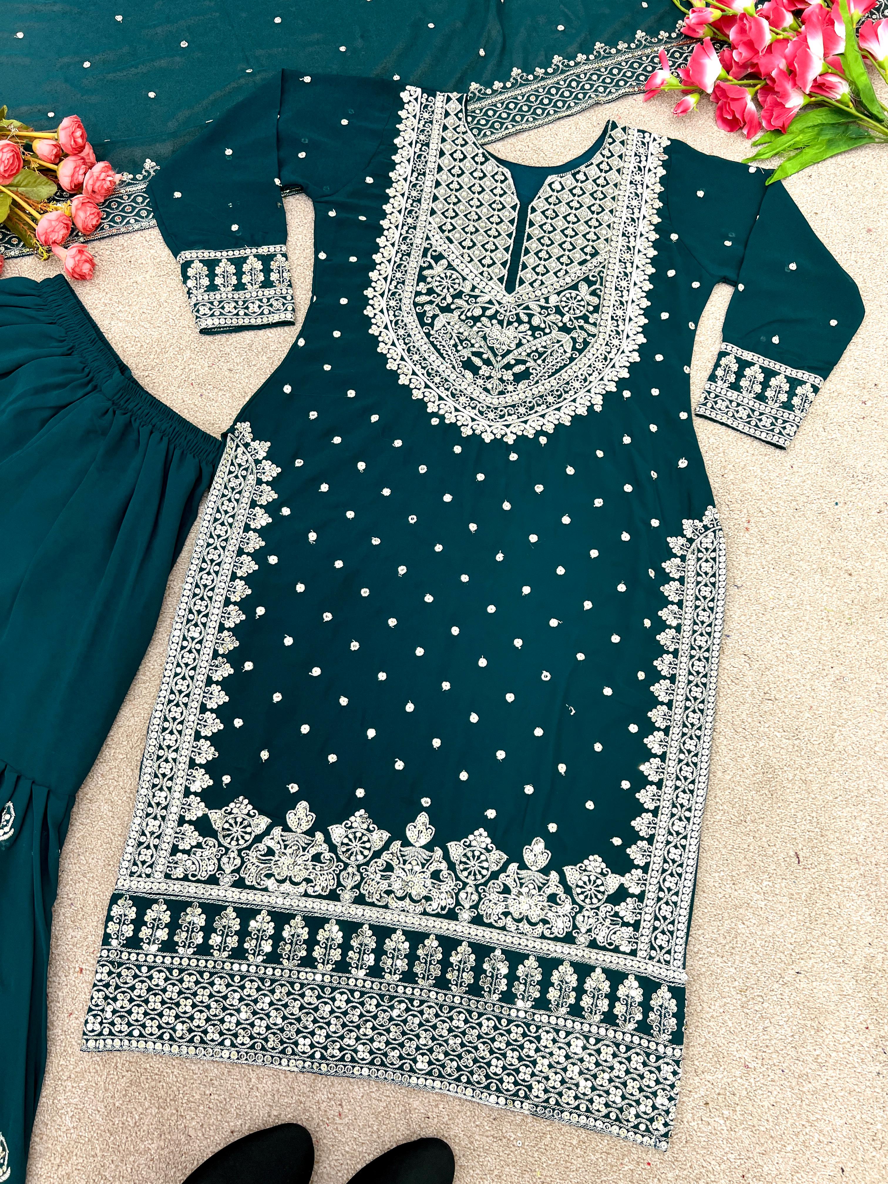 Stylish Teal Blue Color Sharara Suit With Shining Work