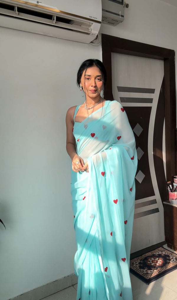 Ready To Wear Sky Blue Color Heart Design Work Saree