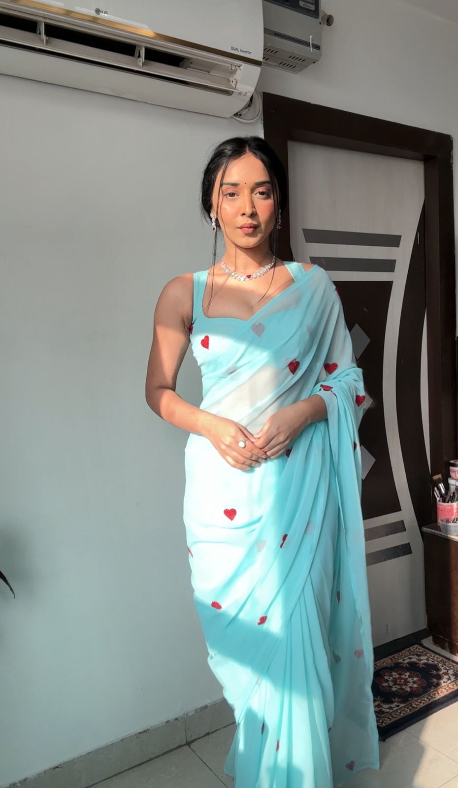 Ready To Wear Sky Blue Color Heart Design Work Saree