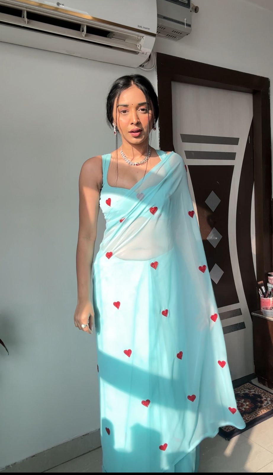 Ready To Wear Sky Blue Color Heart Design Work Saree