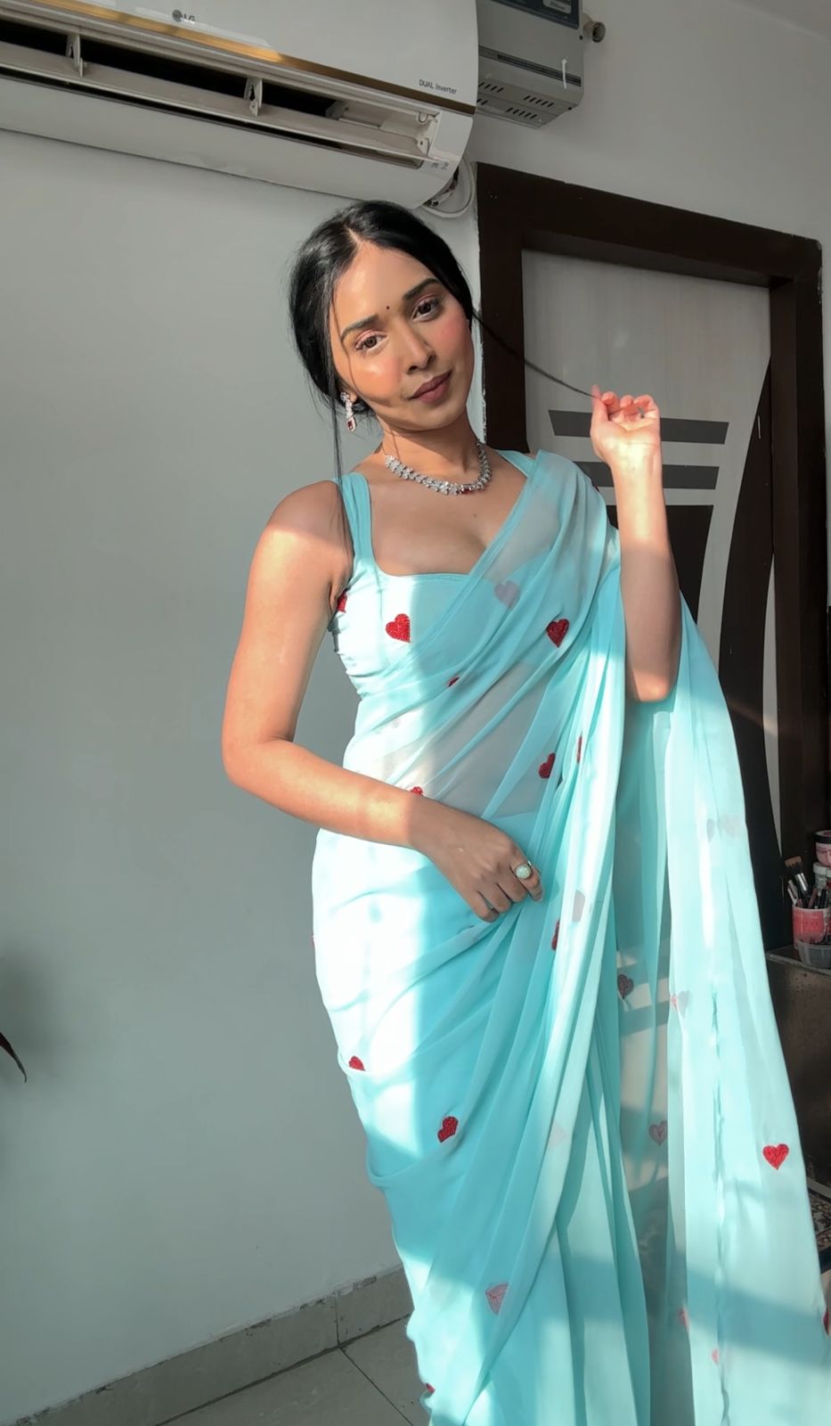 Ready To Wear Sky Blue Color Heart Design Work Saree