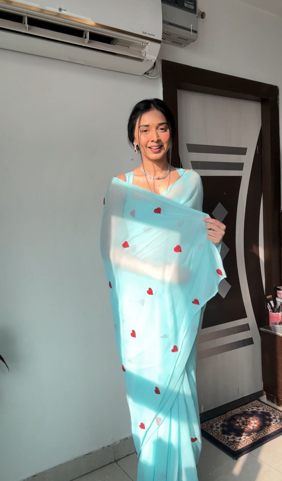 Ready To Wear Sky Blue Color Heart Design Work Saree