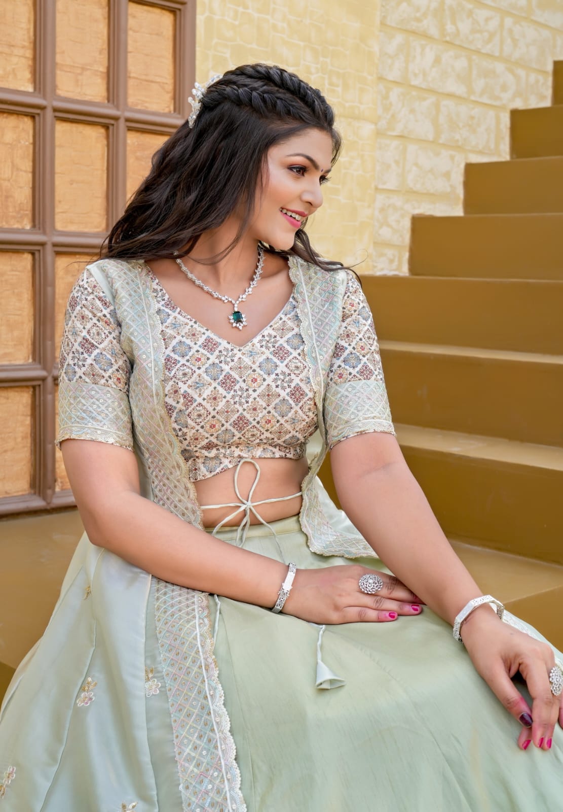 Indowestern Pista Color Lehenga Choli With Shrug