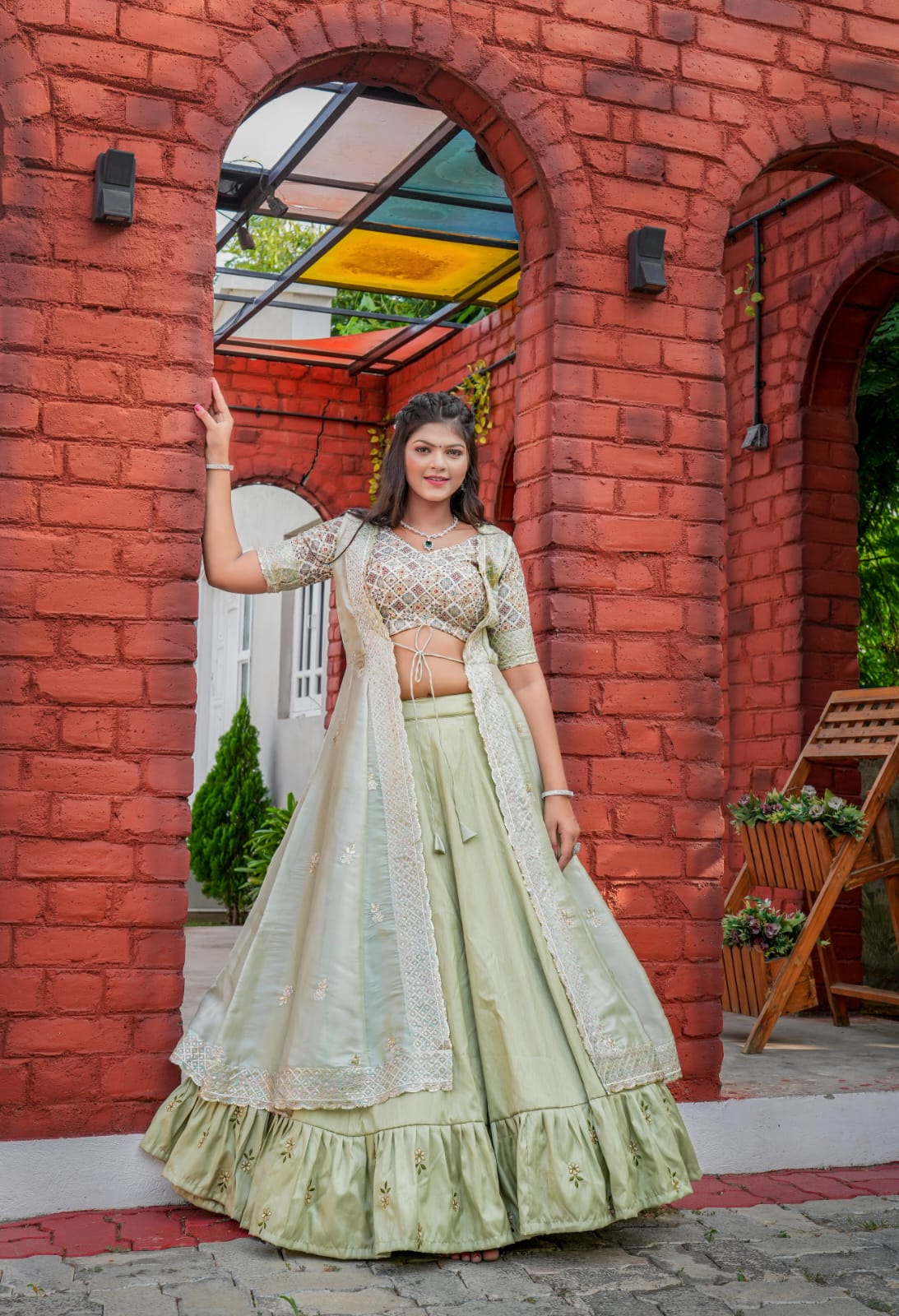 Indowestern Pista Color Lehenga Choli With Shrug