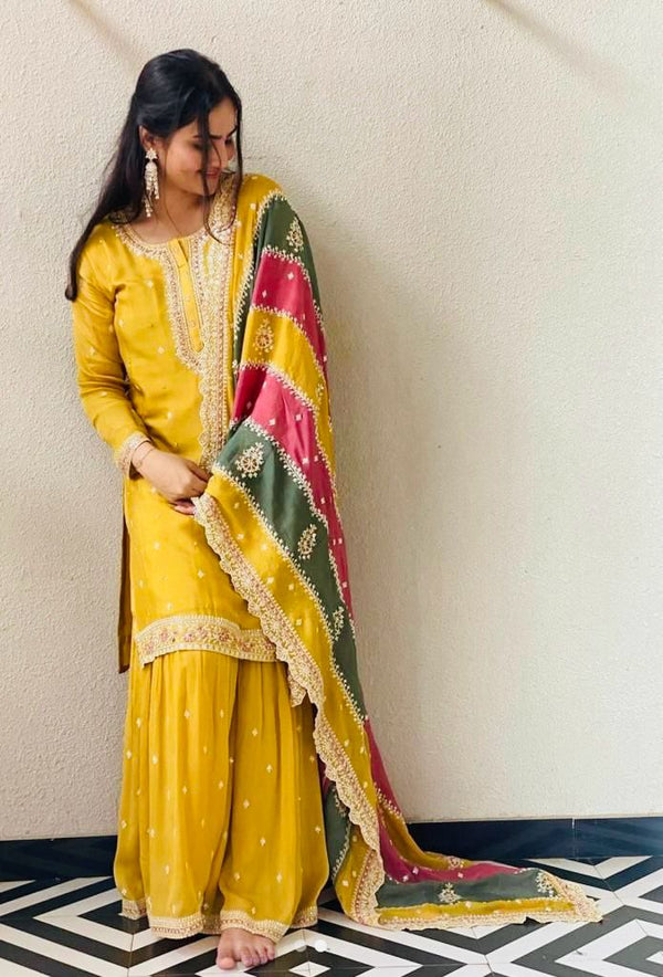 Glorious Yellow Color Sharara Suit With Multi Color Dupatta