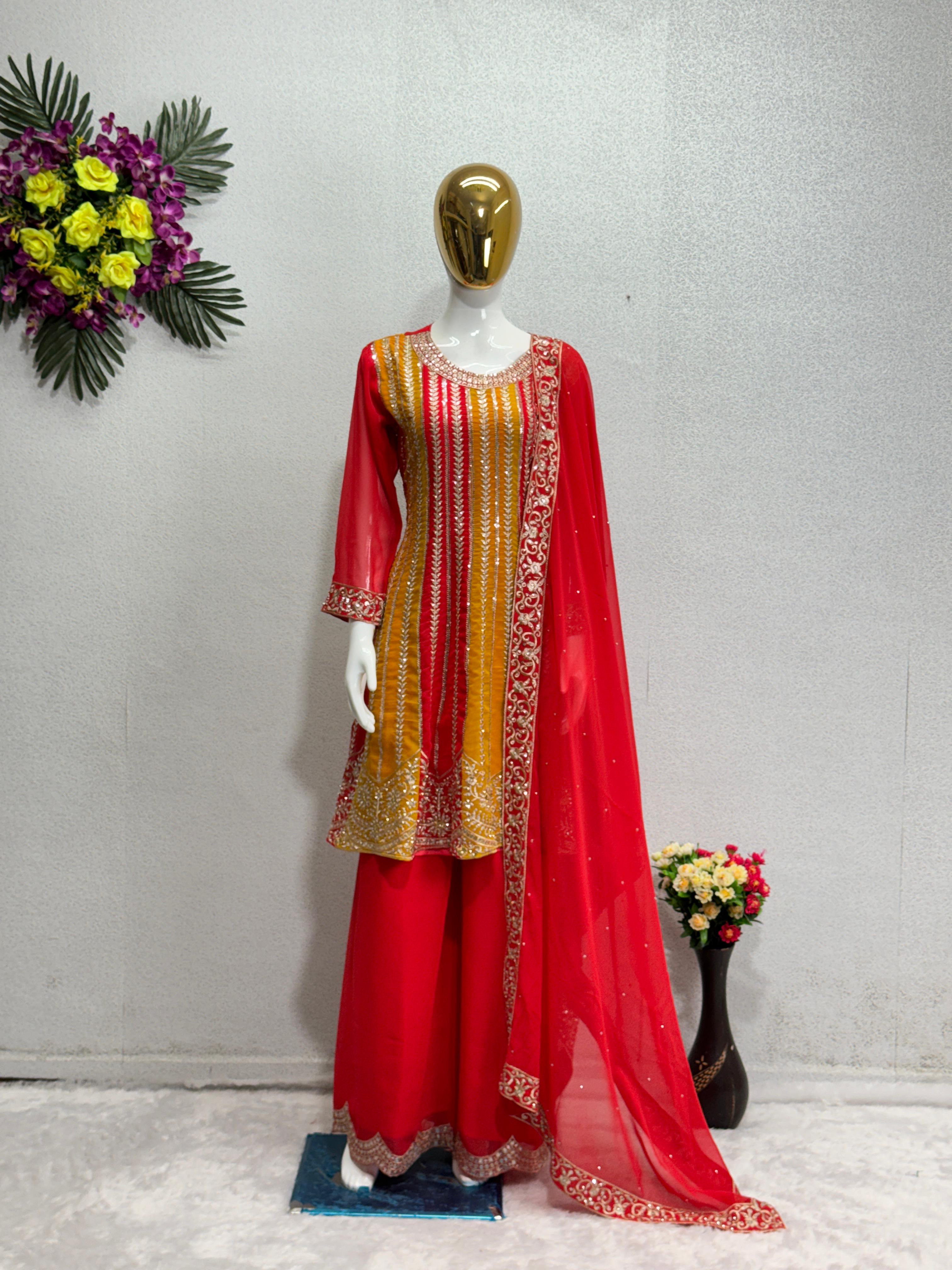 Lovely Sequence Embroidery Work Red Sharara With Top