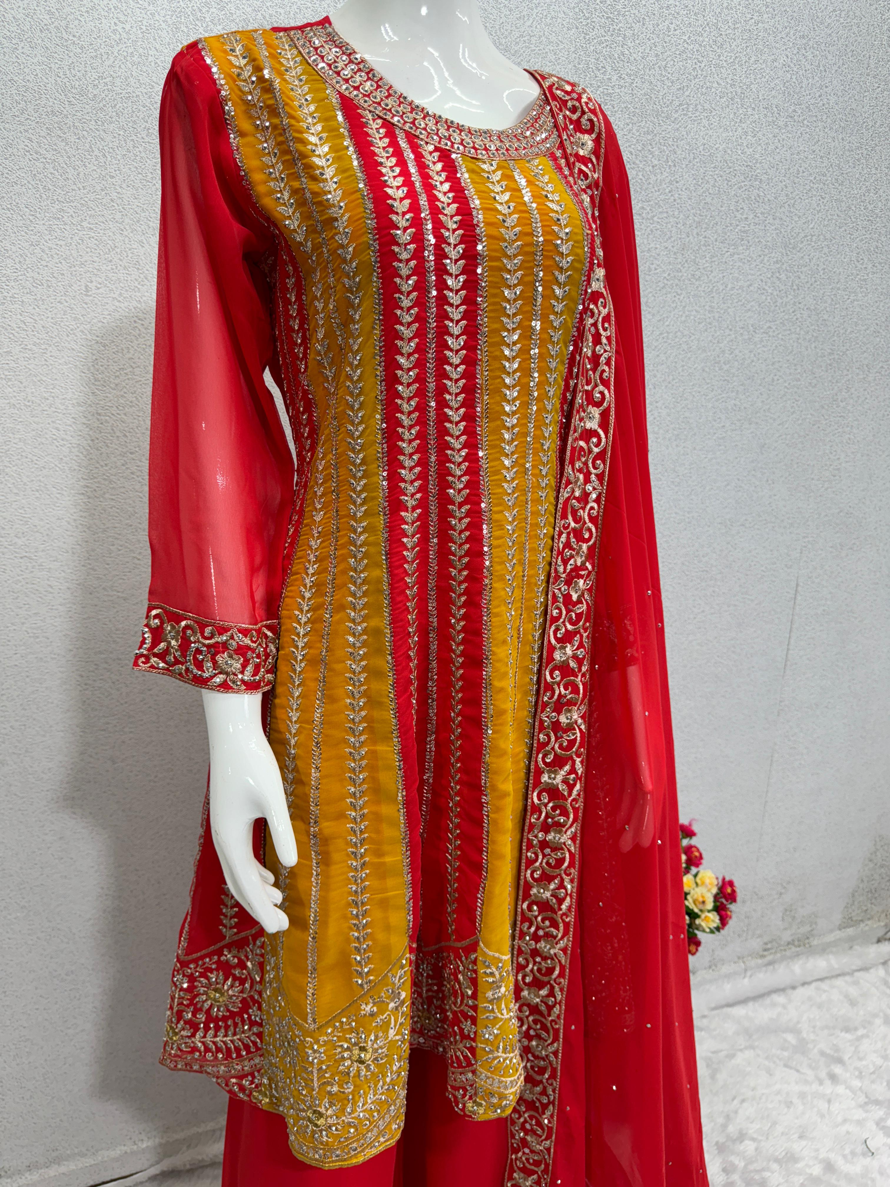 Lovely Sequence Embroidery Work Red Sharara With Top