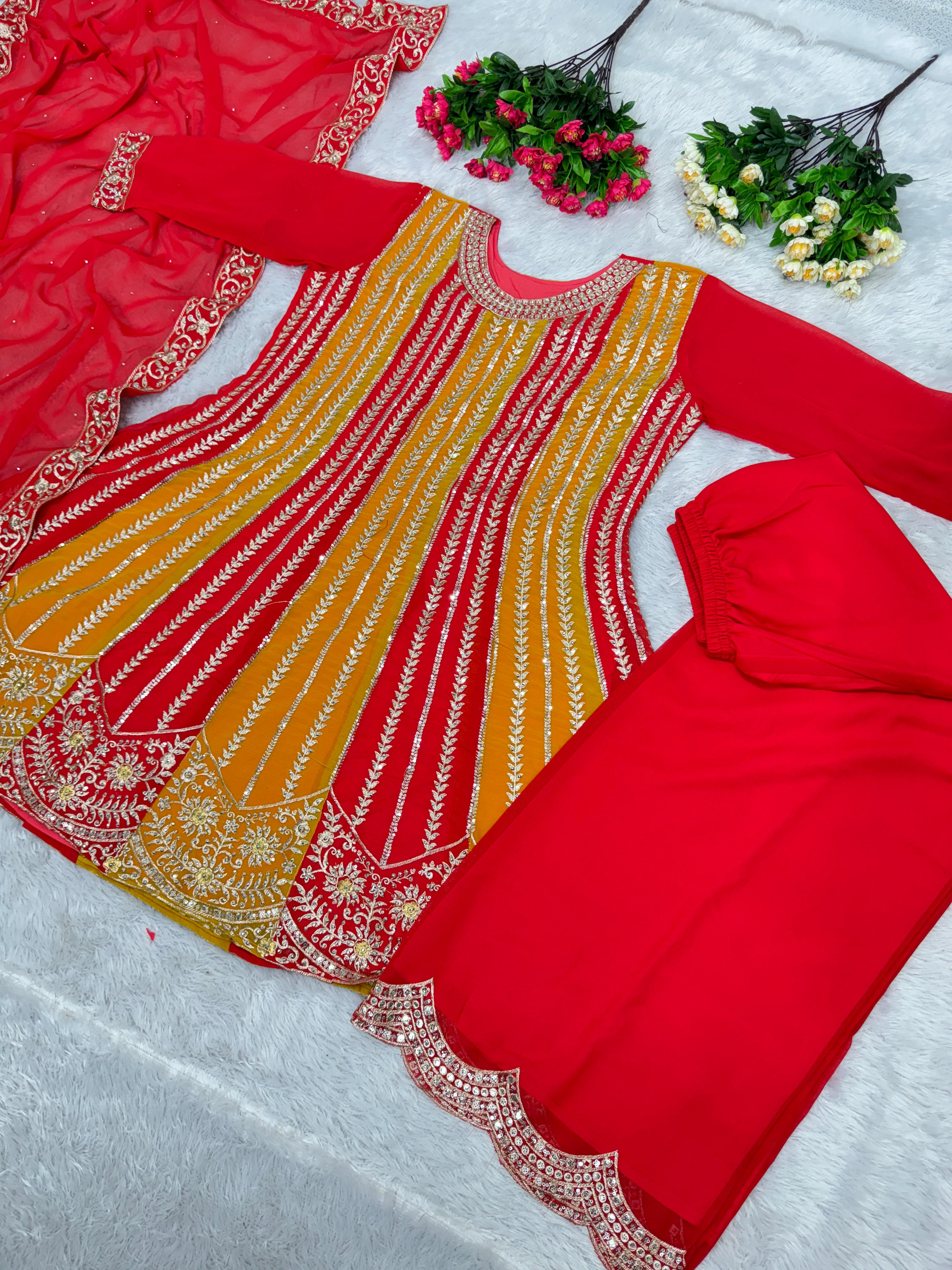 Lovely Sequence Embroidery Work Red Sharara With Top