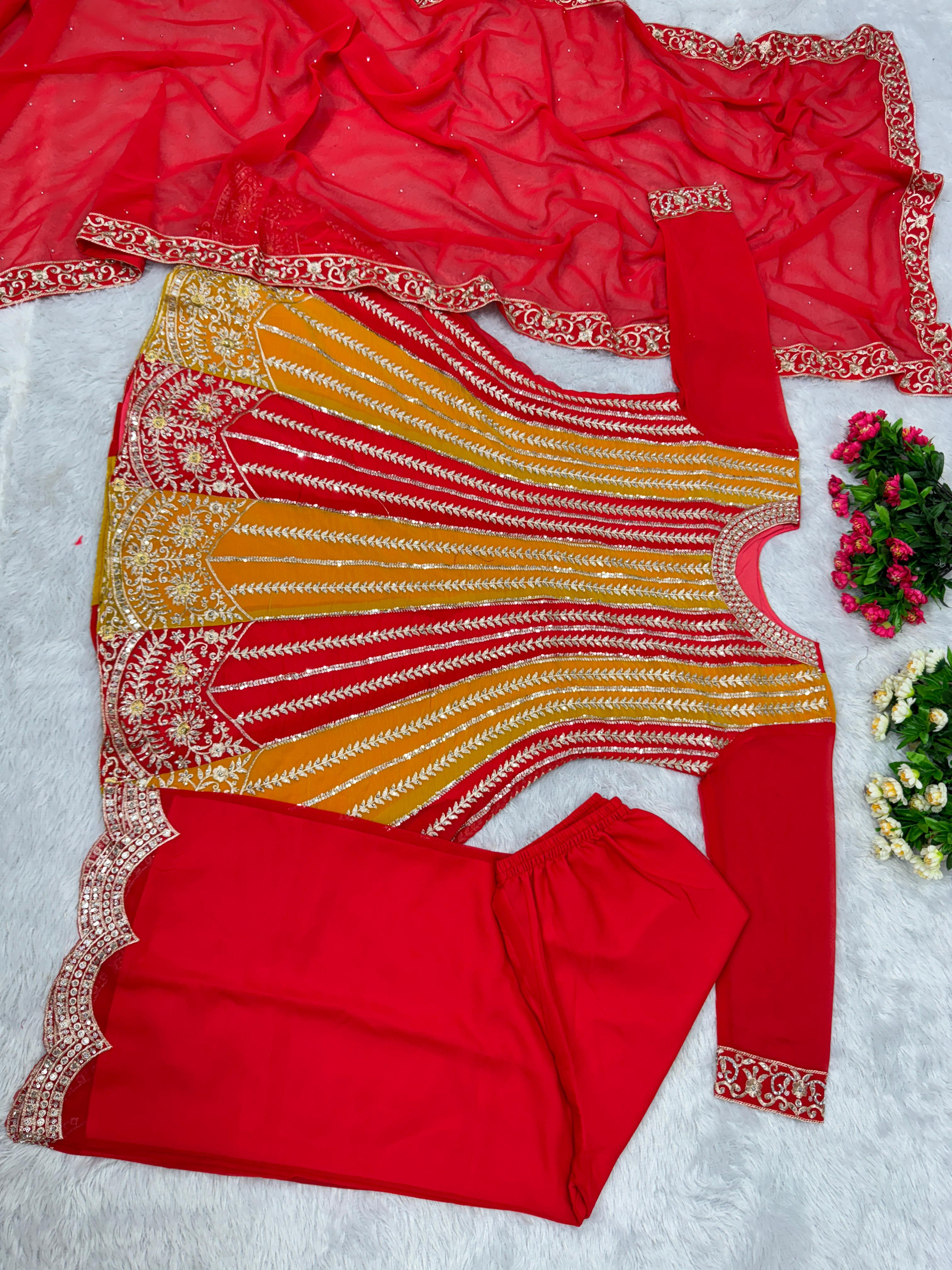 Lovely Sequence Embroidery Work Red Sharara With Top