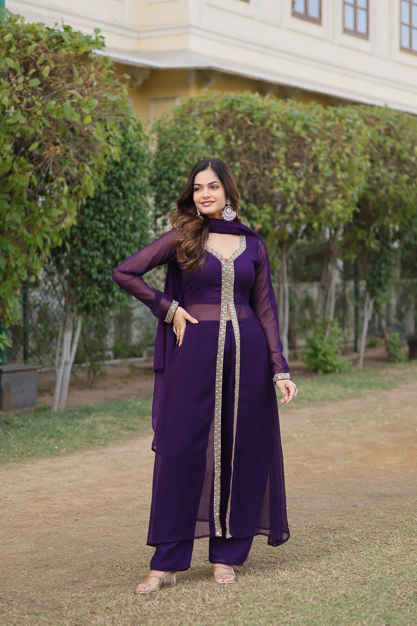 Round Flared Front Slit Purple Color Kurti Dupatta Set