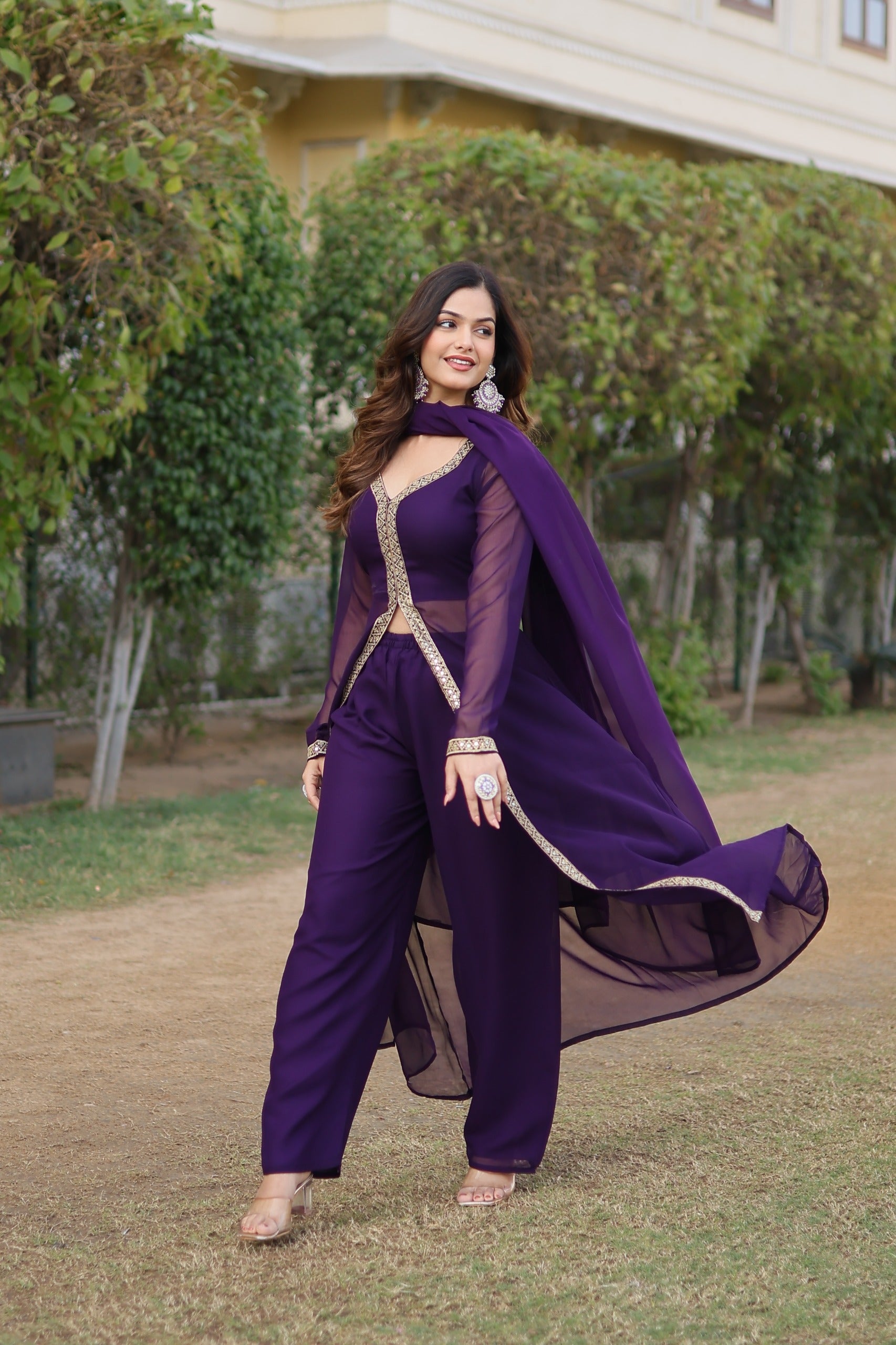 Round Flared Front Slit Purple Color Kurti Dupatta Set