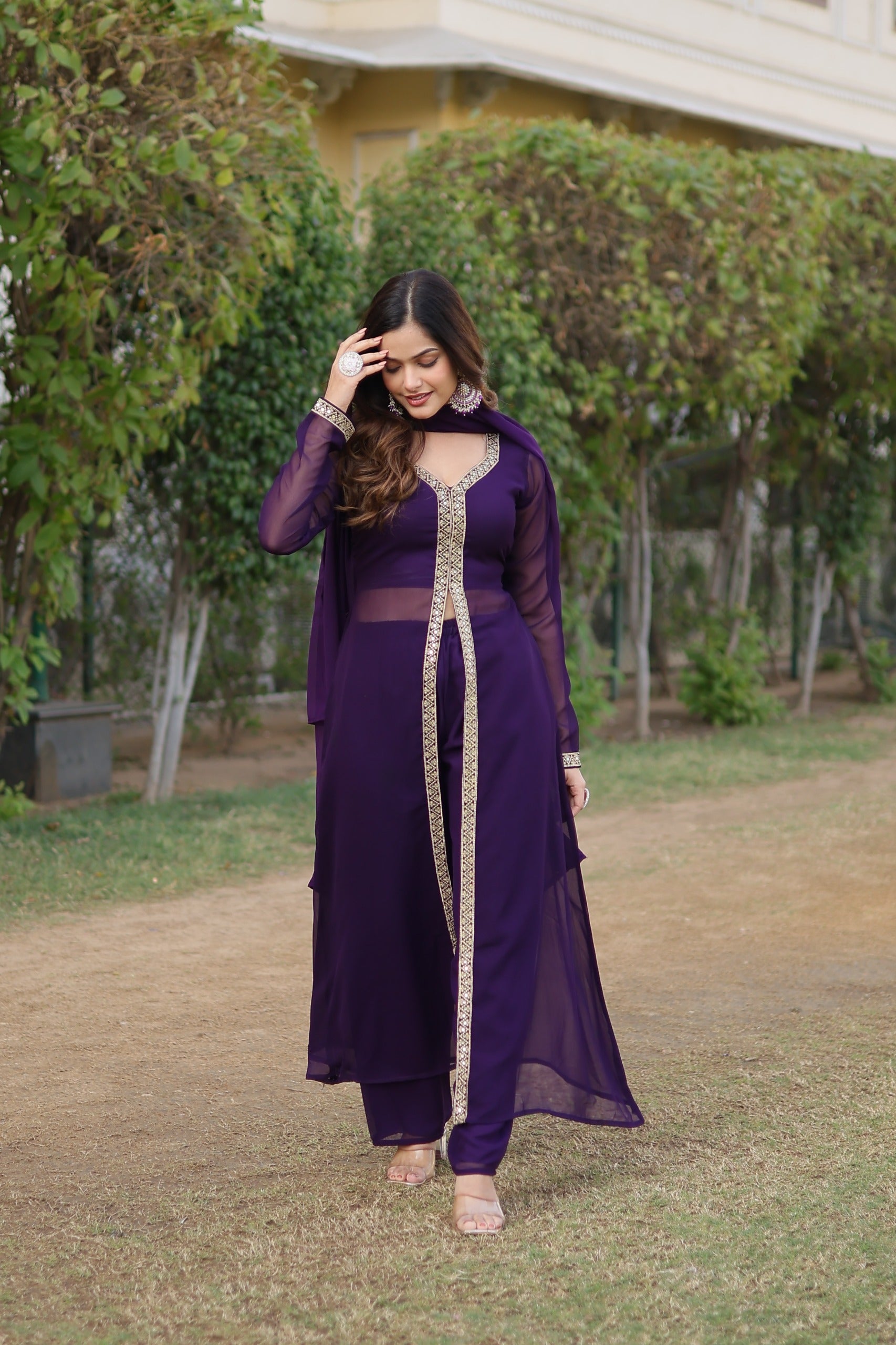 Round Flared Front Slit Purple Color Kurti Dupatta Set