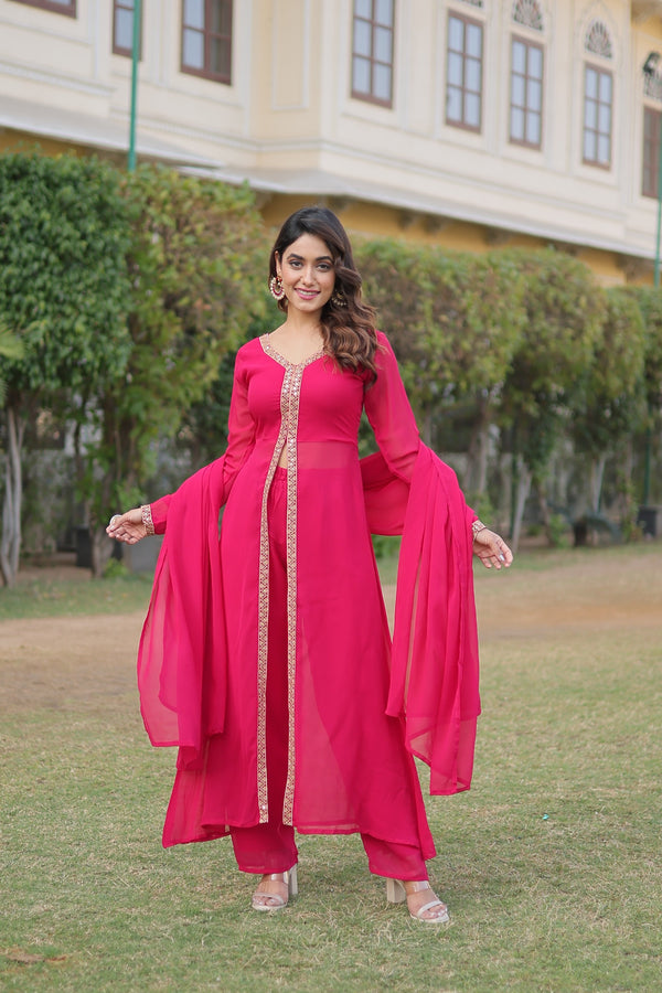 Round Flared Front Slit Pink Color Kurti Dupatta Set