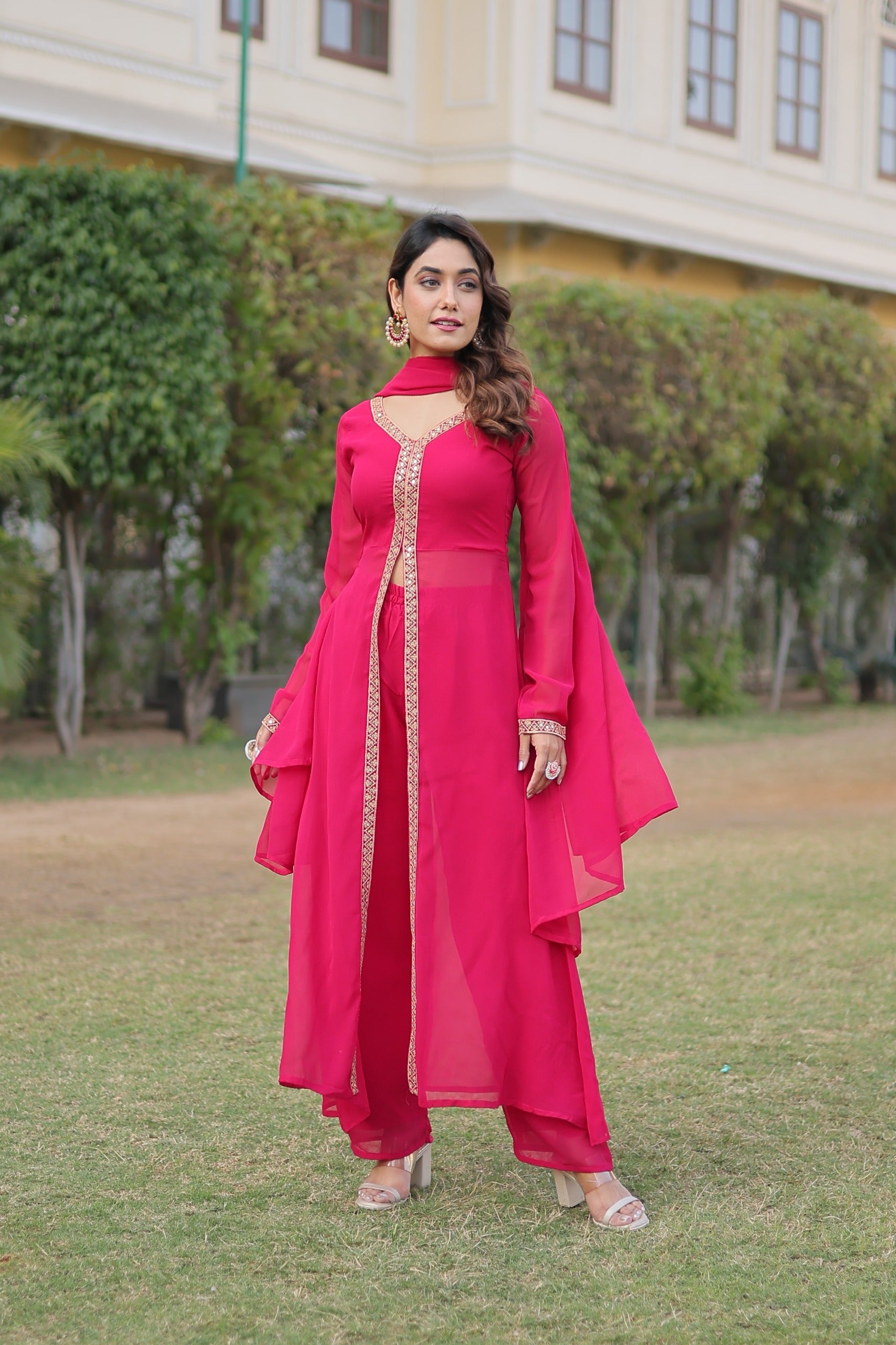 Round Flared Front Slit Pink Color Kurti Dupatta Set